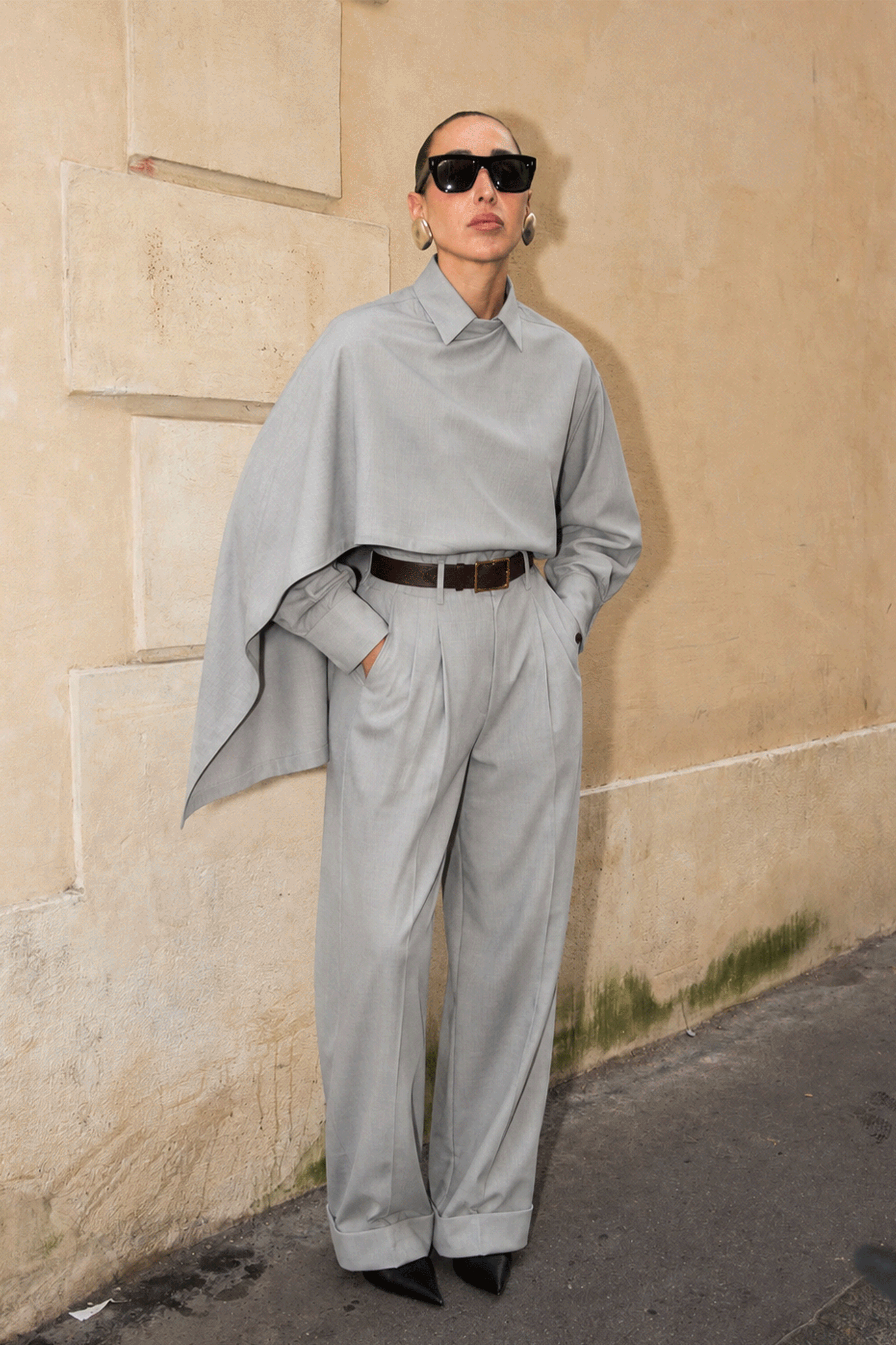 Cecilia Grey Asymmetrical Draped Shirt & Trousers Set