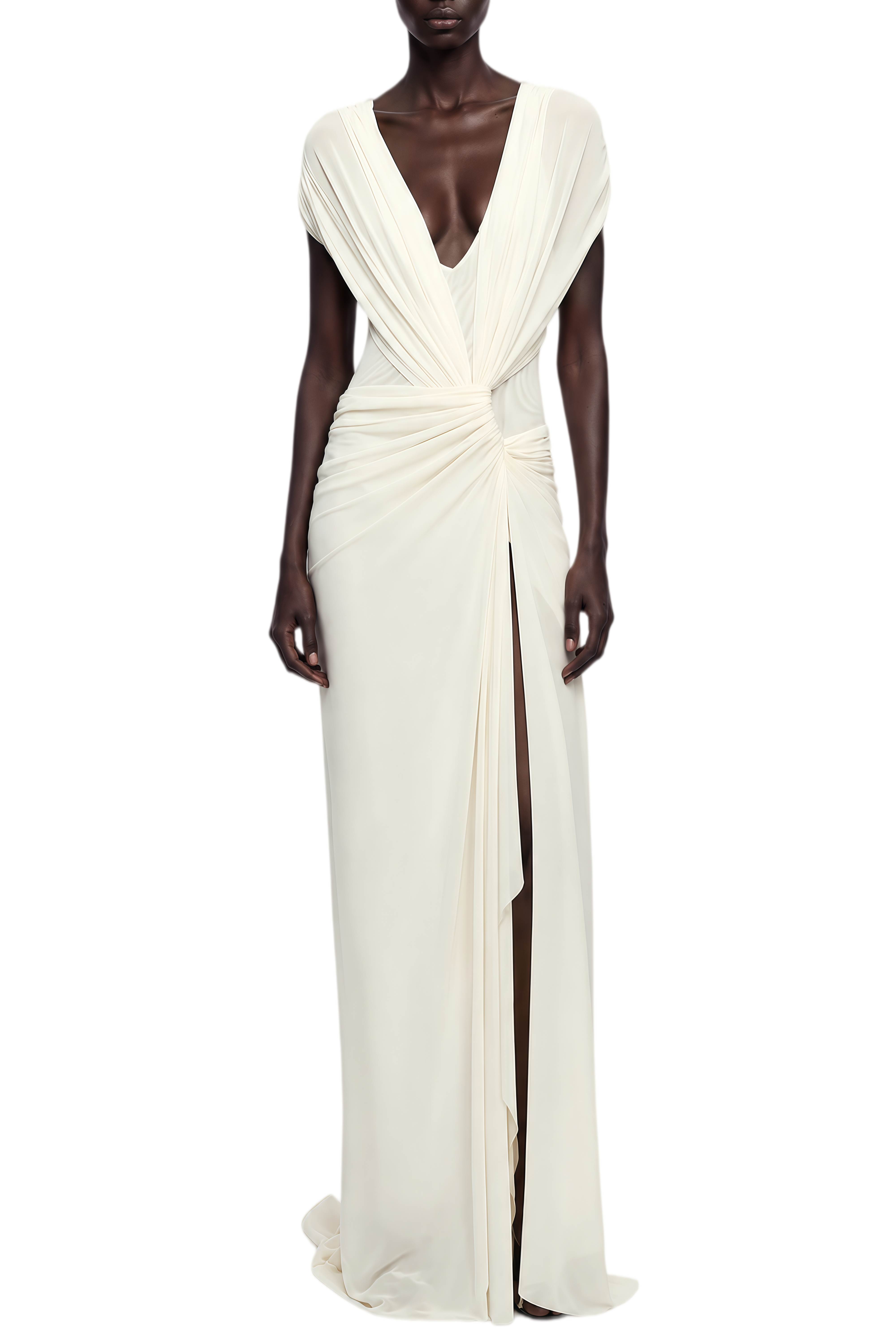 Lydia White V-Neck Draped Maxi Dress
