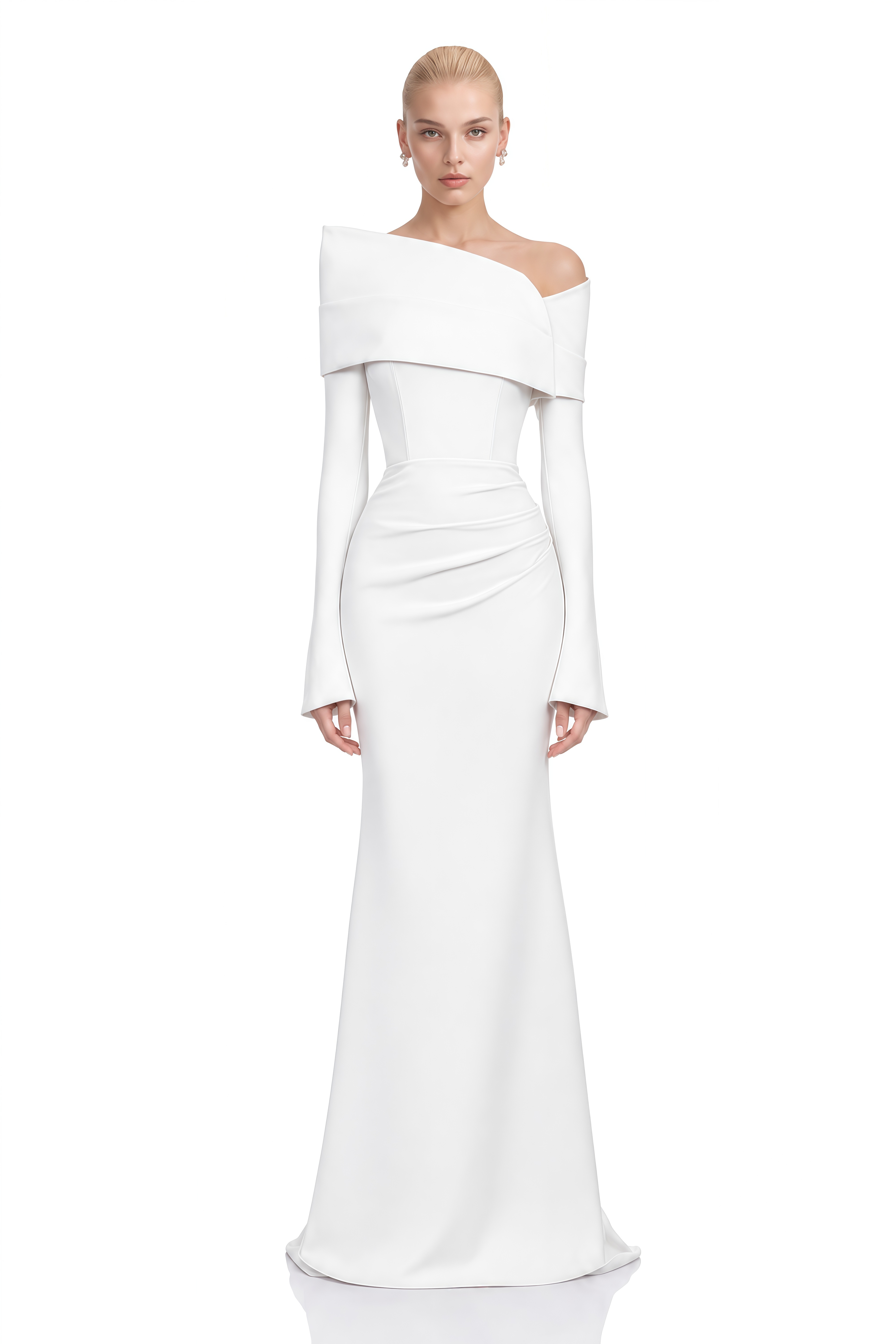 Viola White Long Sleeves Asymmetrical Maxi Dress 