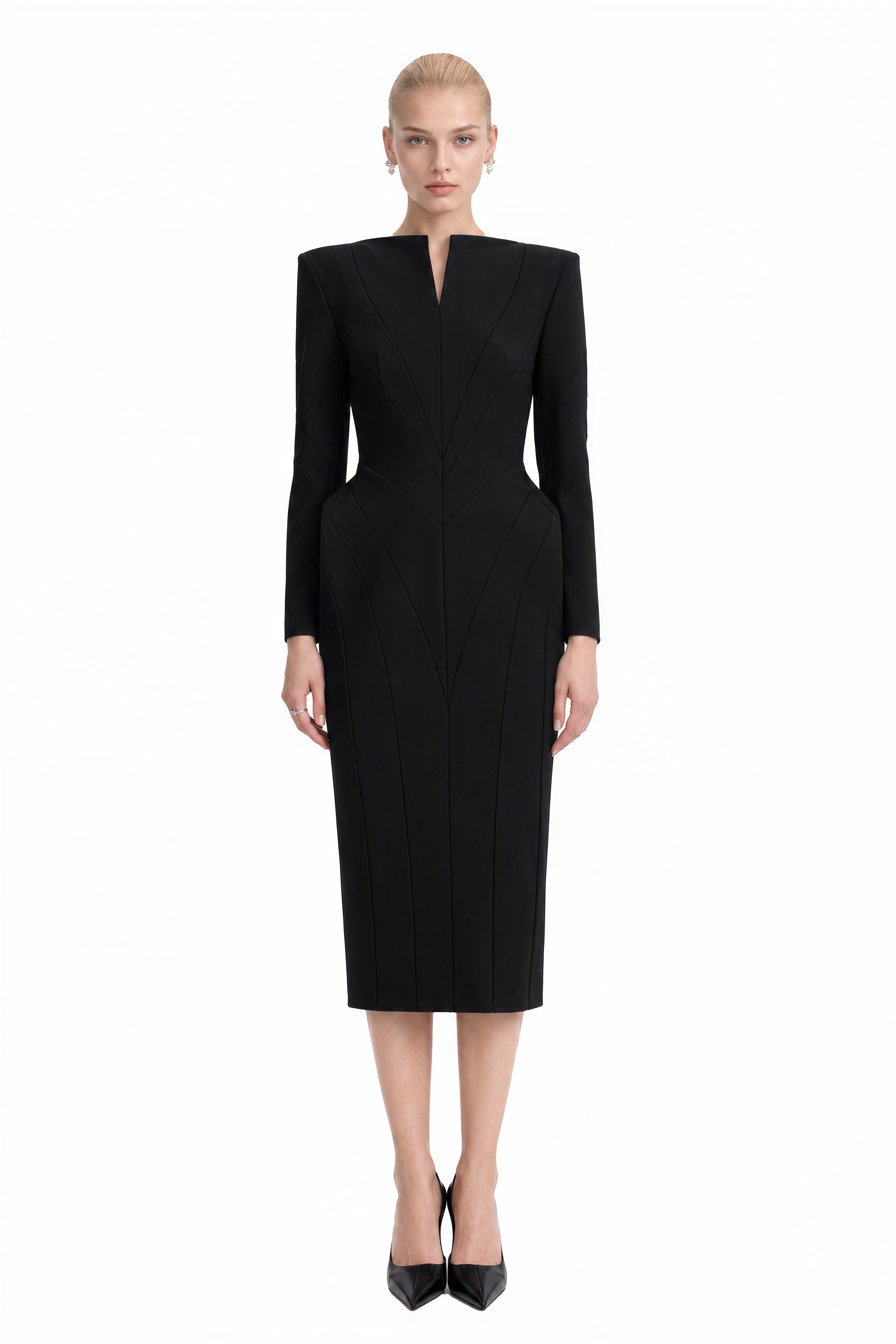 Audrey Black Long Sleeves Slit Midi Dress