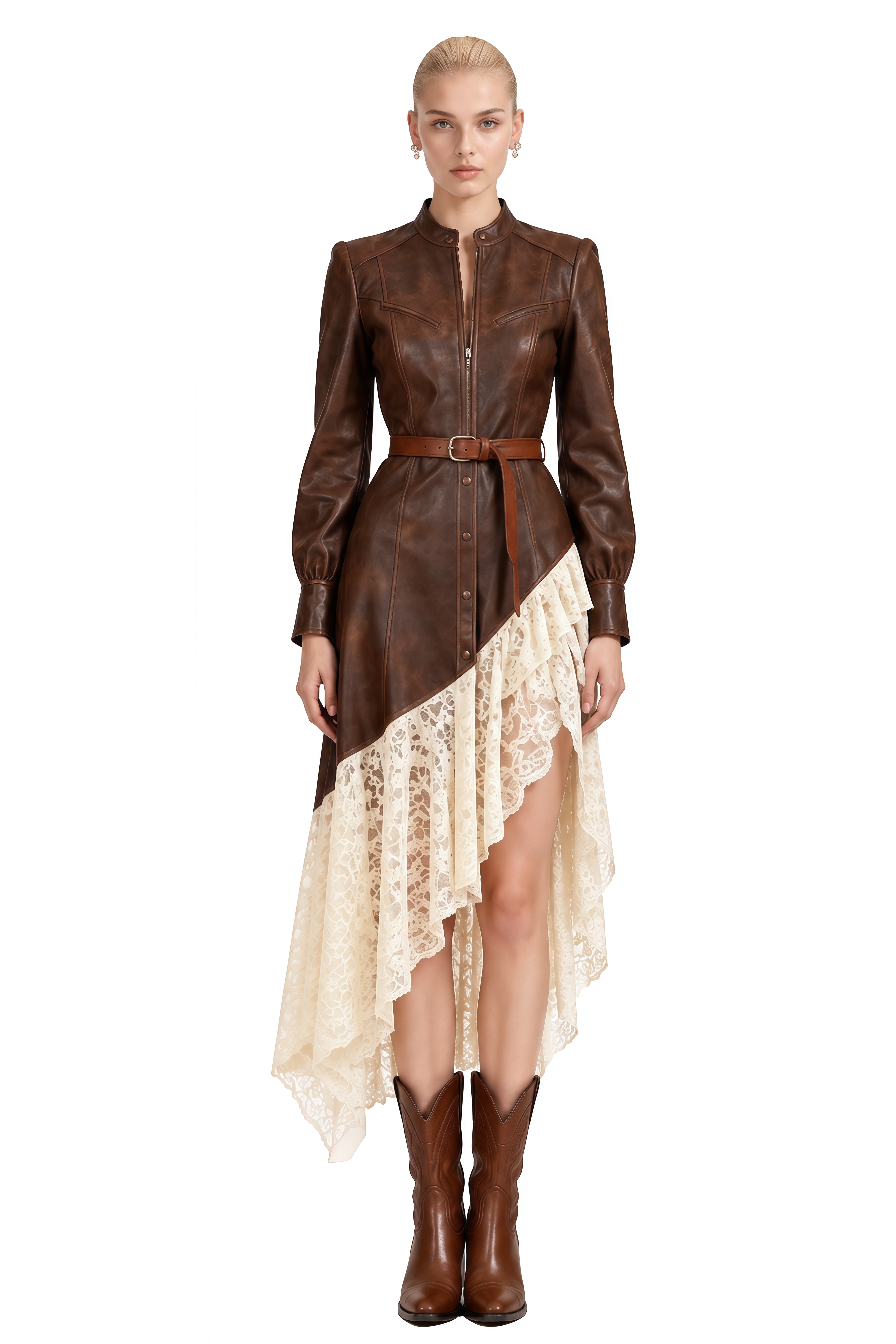 Clover Brown Asymmetrical High-Low Lace Midi Dress