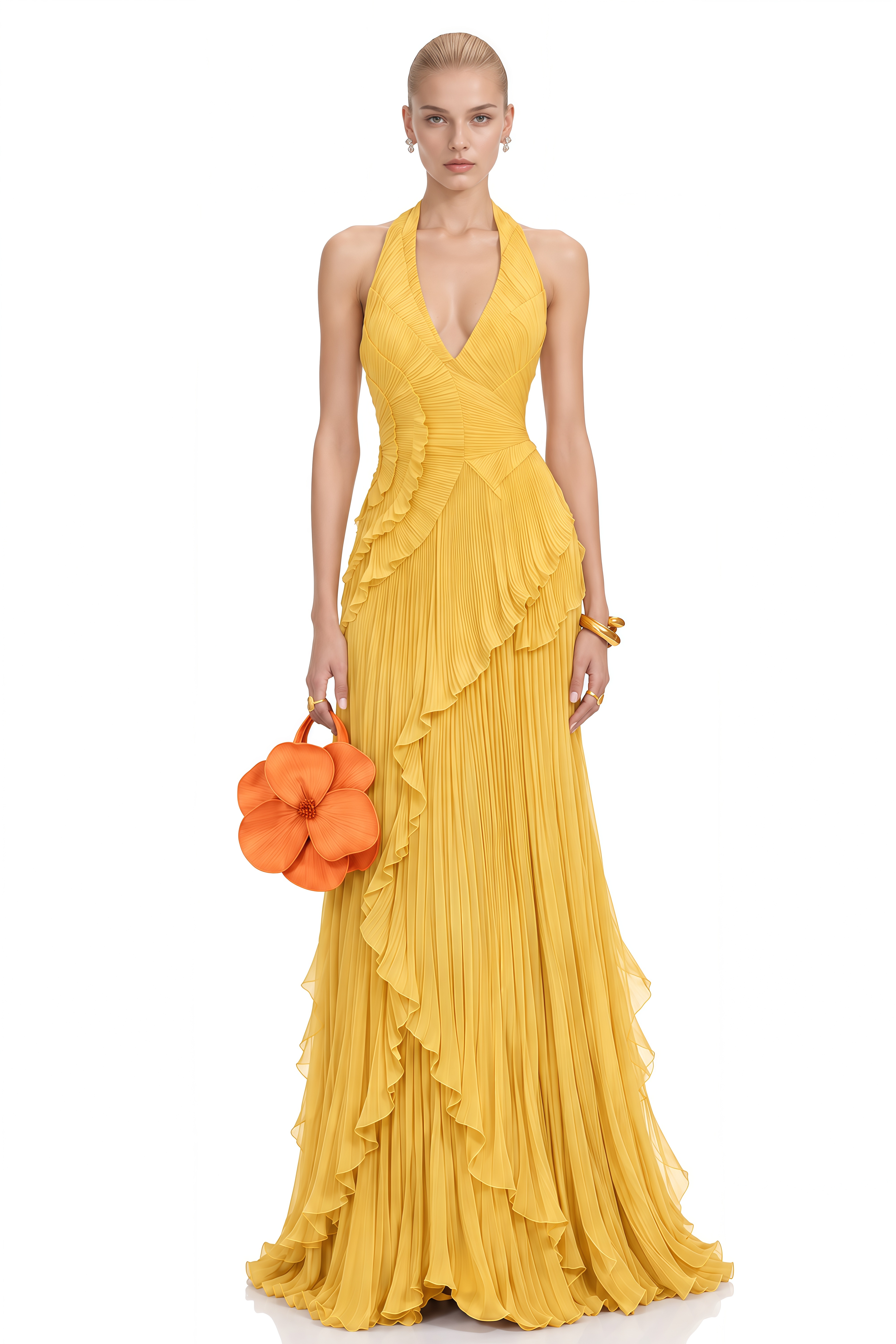 Amara Yellow Halterneck Ruffled Maxi Dress