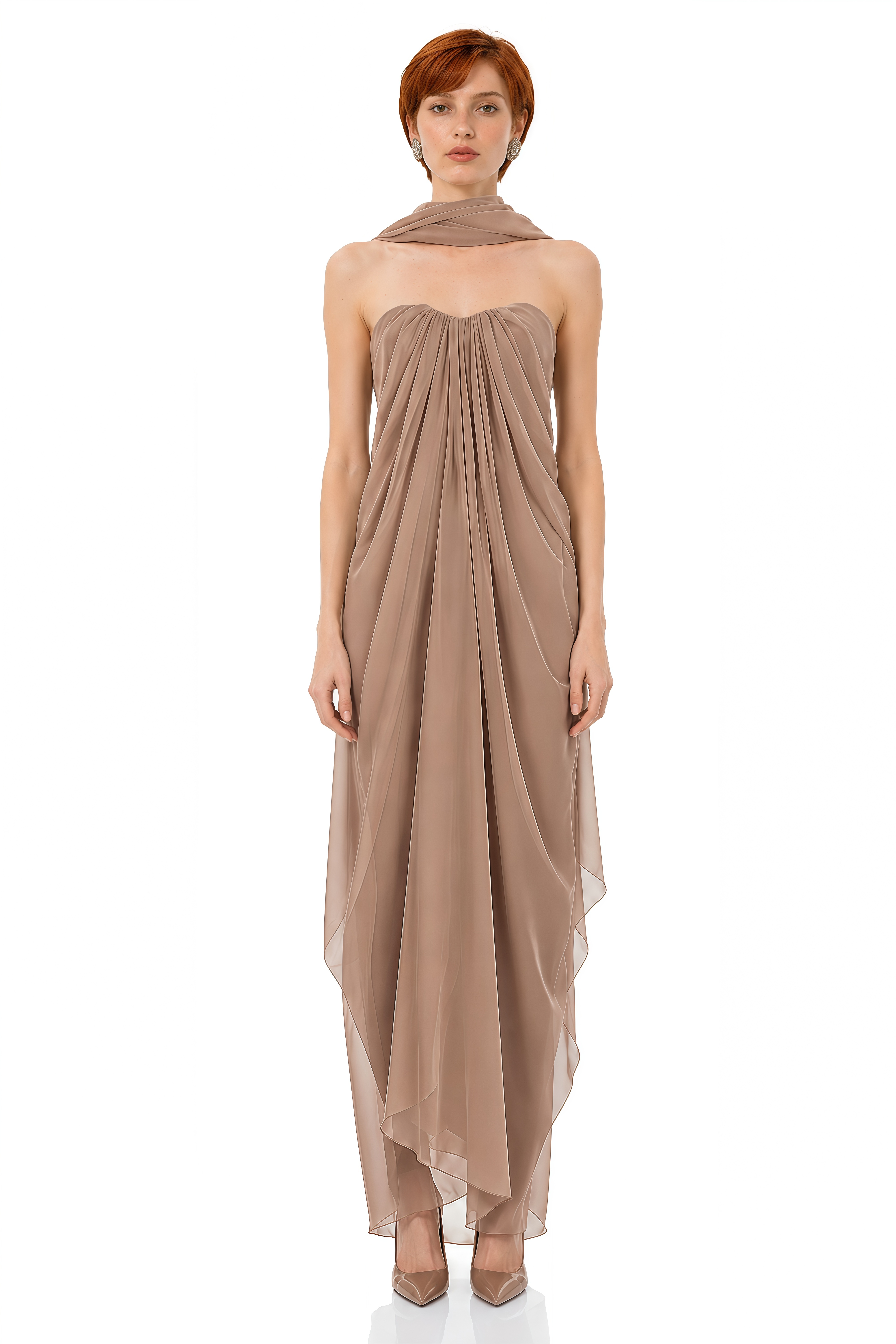 Daphne Brown Strapless Draped Maxi Dress