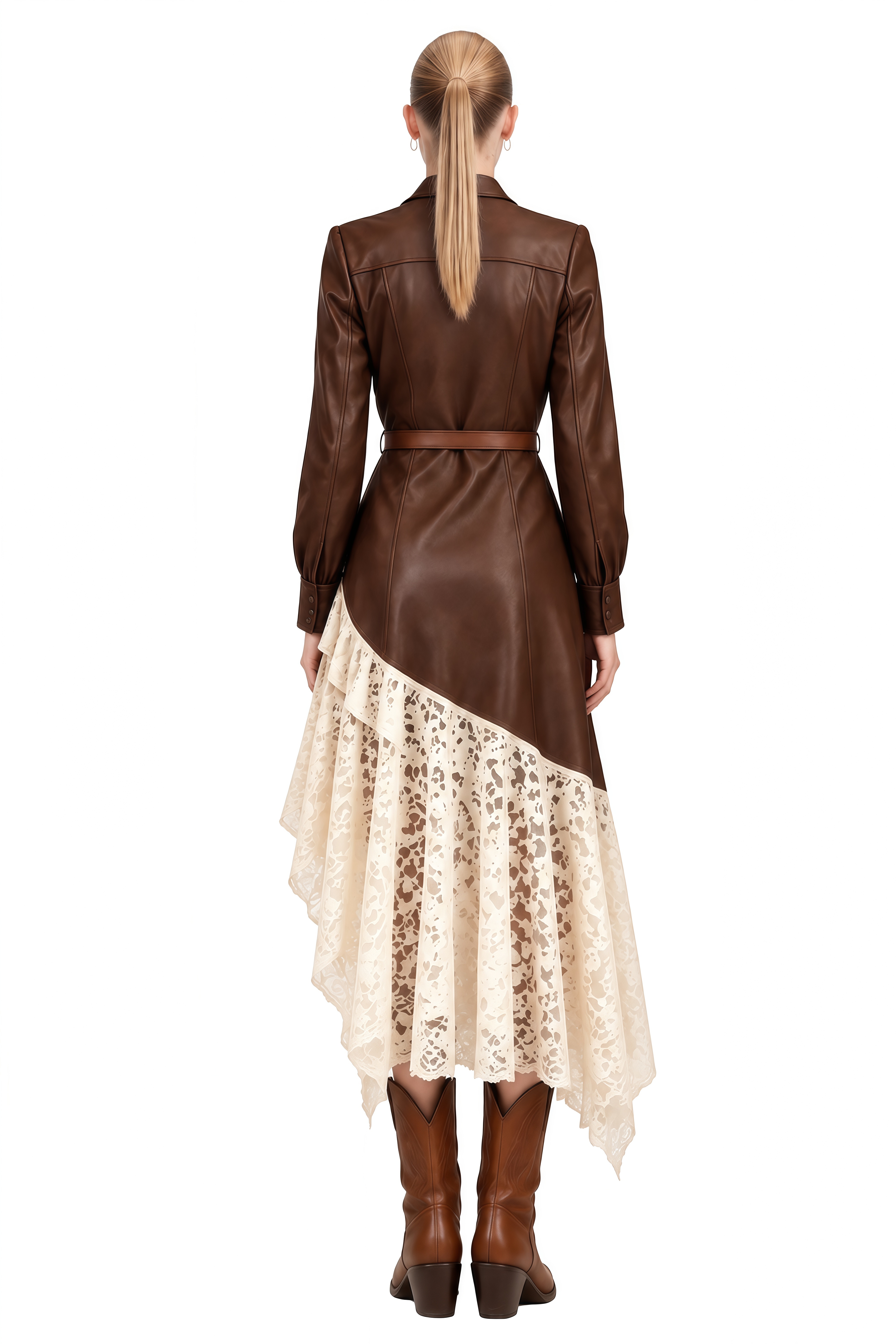 Clover Brown Asymmetrical High-Low Lace Midi Dress