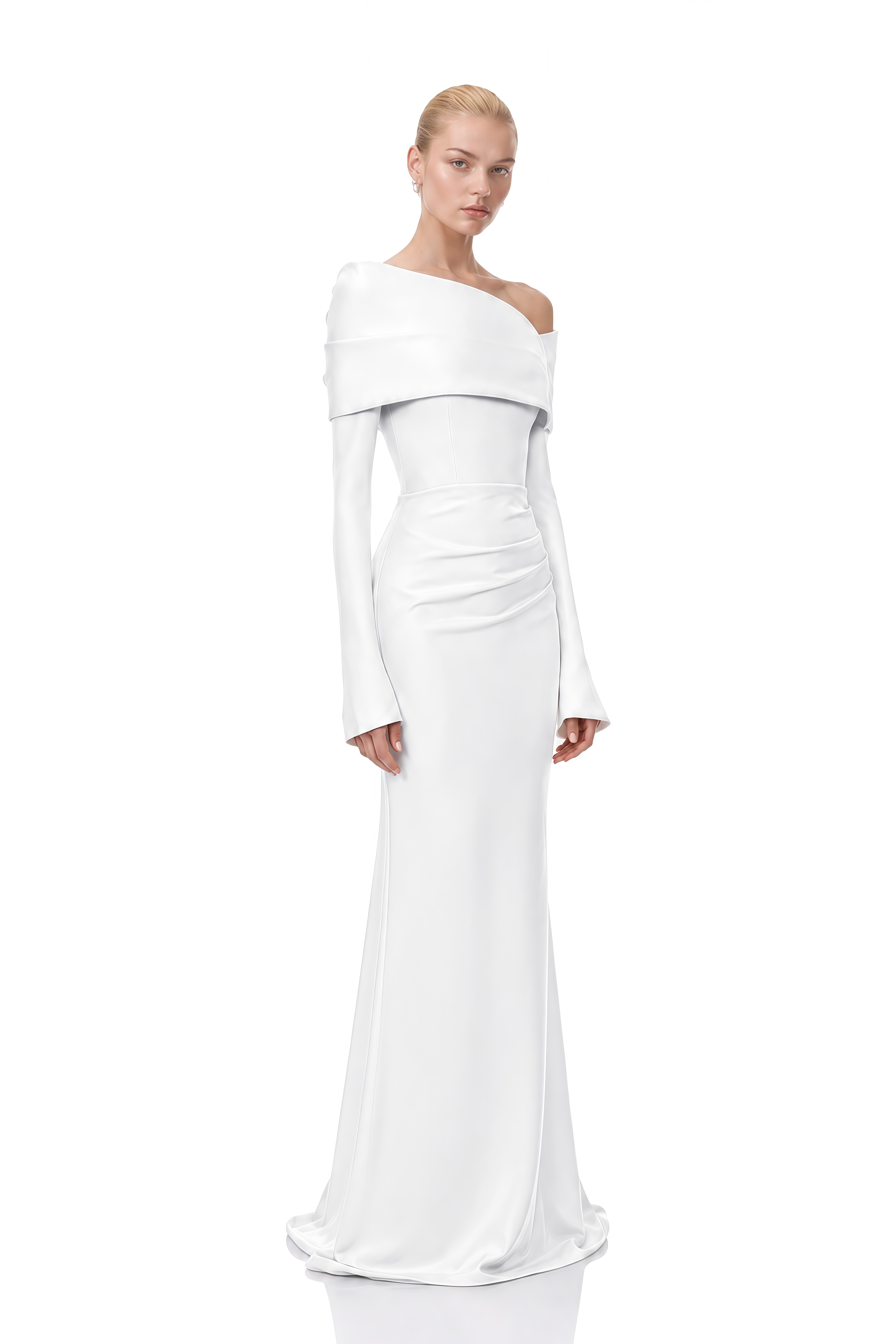 Viola White Long Sleeves Asymmetrical Maxi Dress 