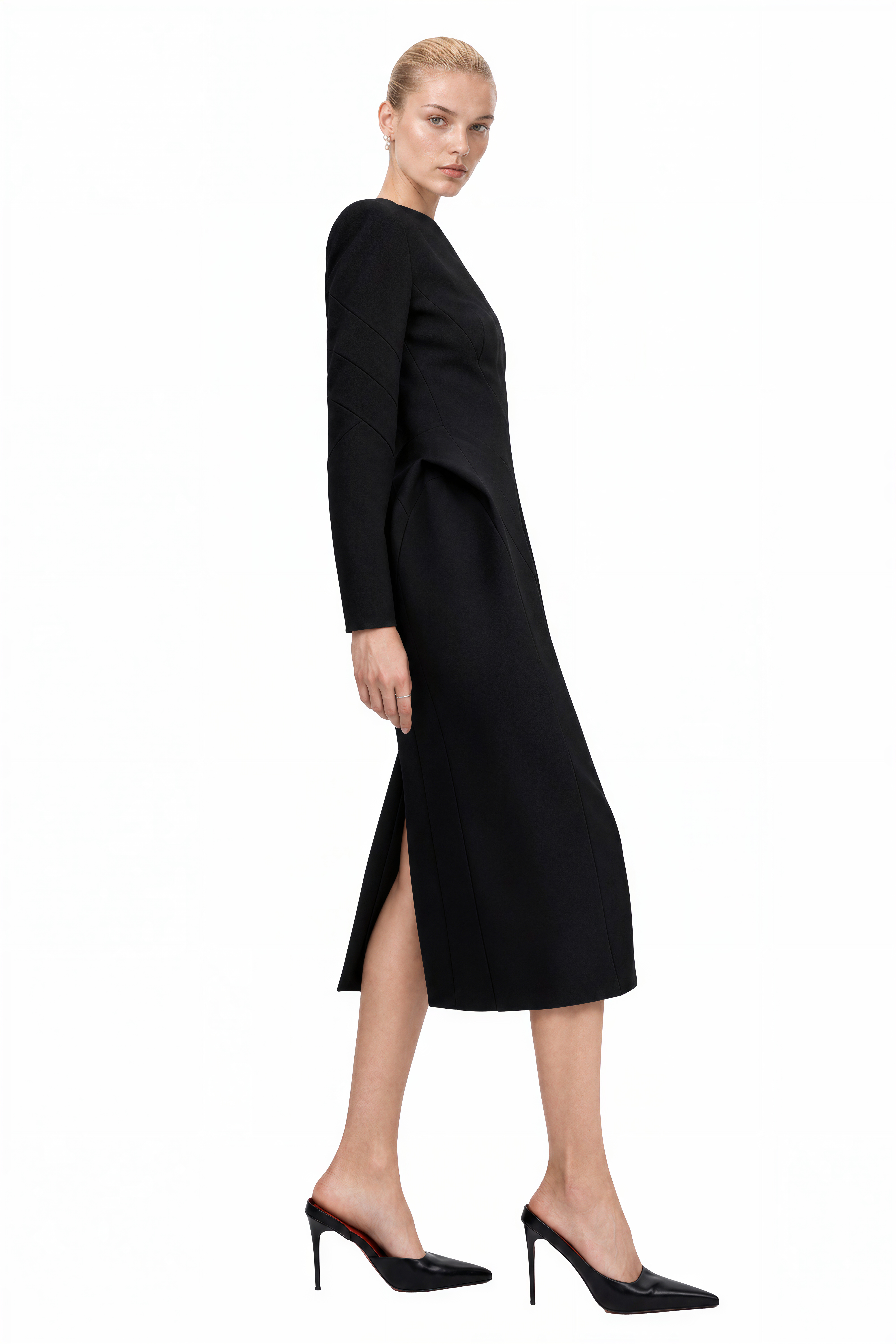 Audrey Black Long Sleeves Slit Midi Dress