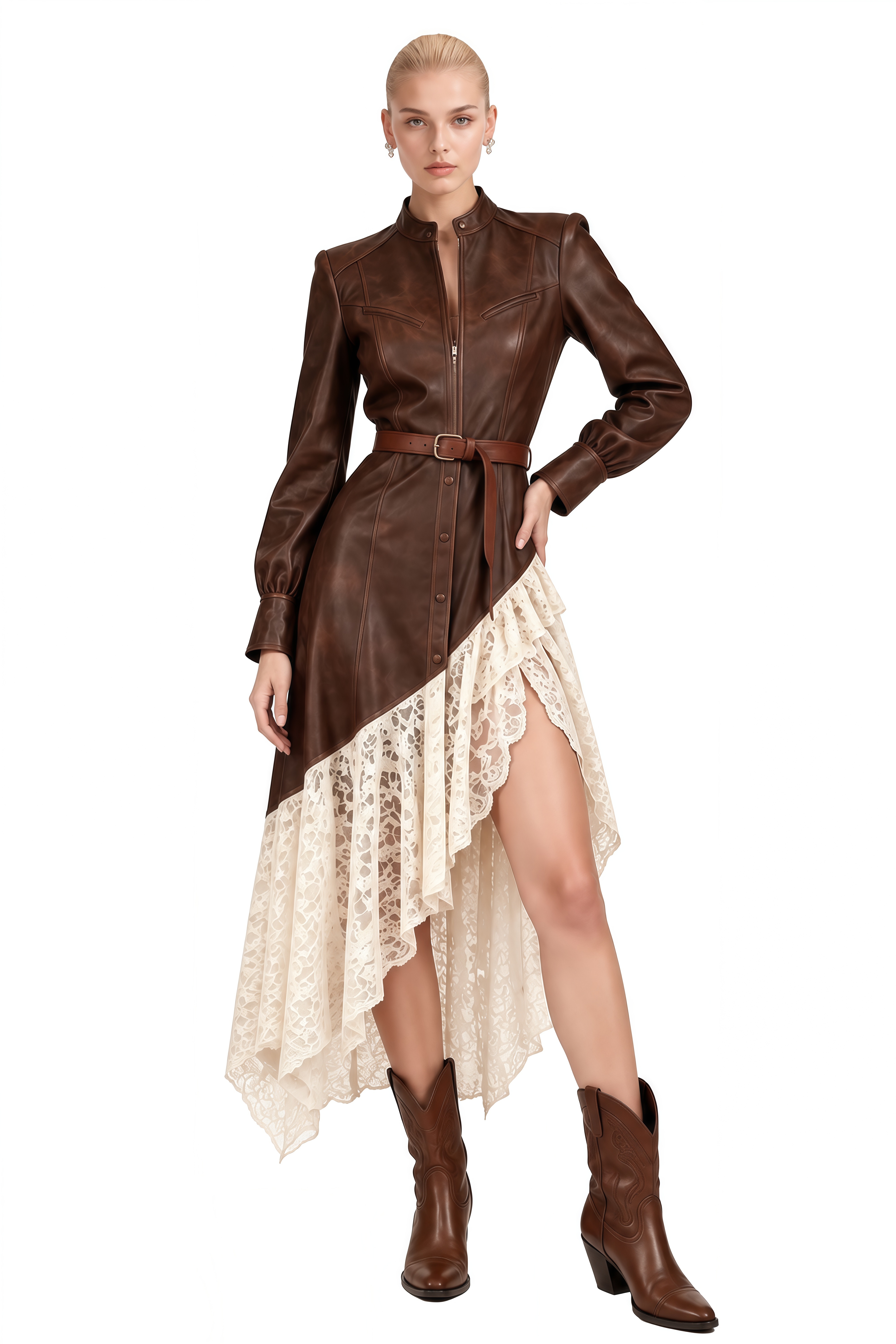 Clover Brown Asymmetrical High-Low Lace Midi Dress
