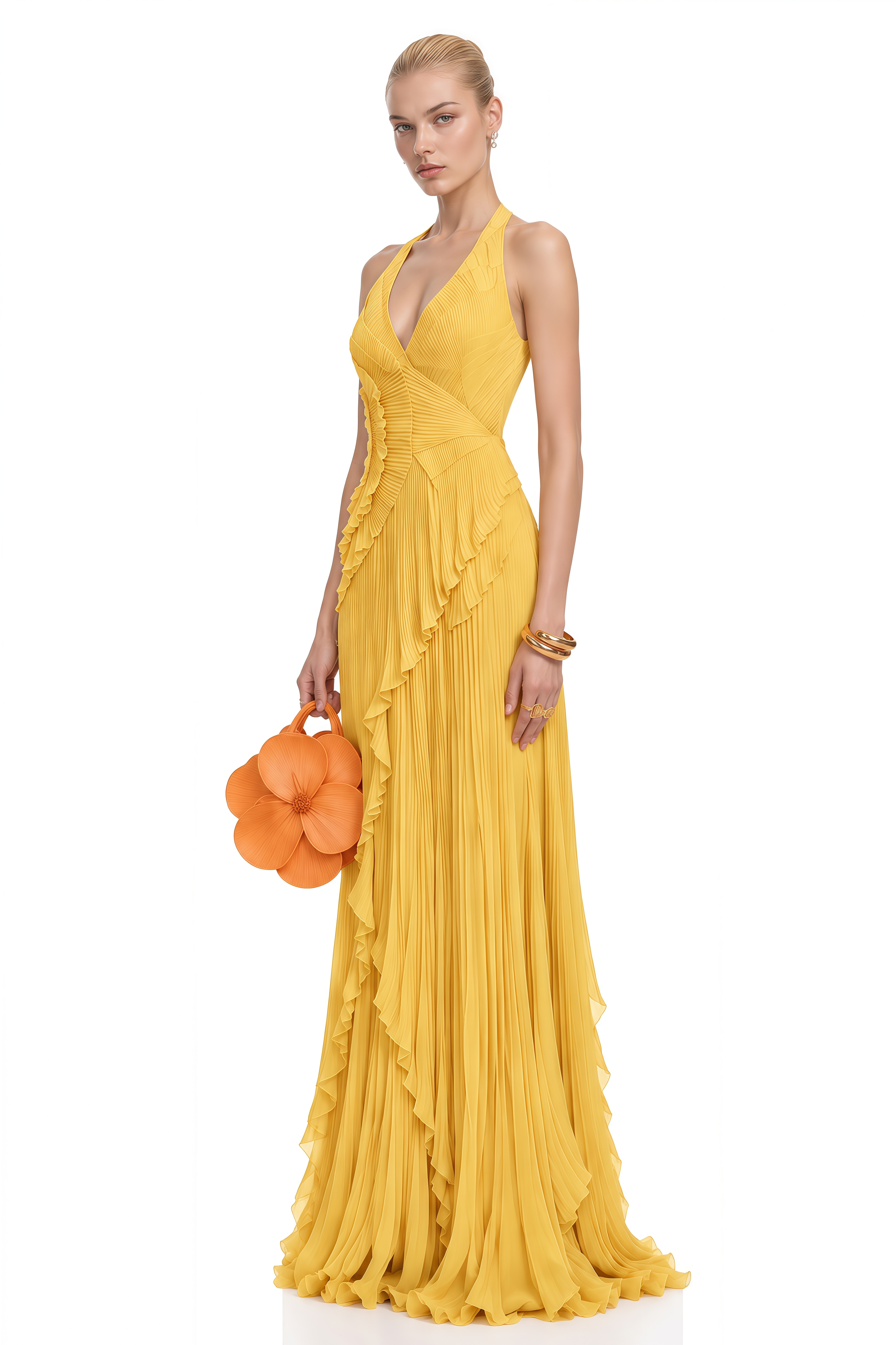 Amara Yellow Halterneck Ruffled Maxi Dress