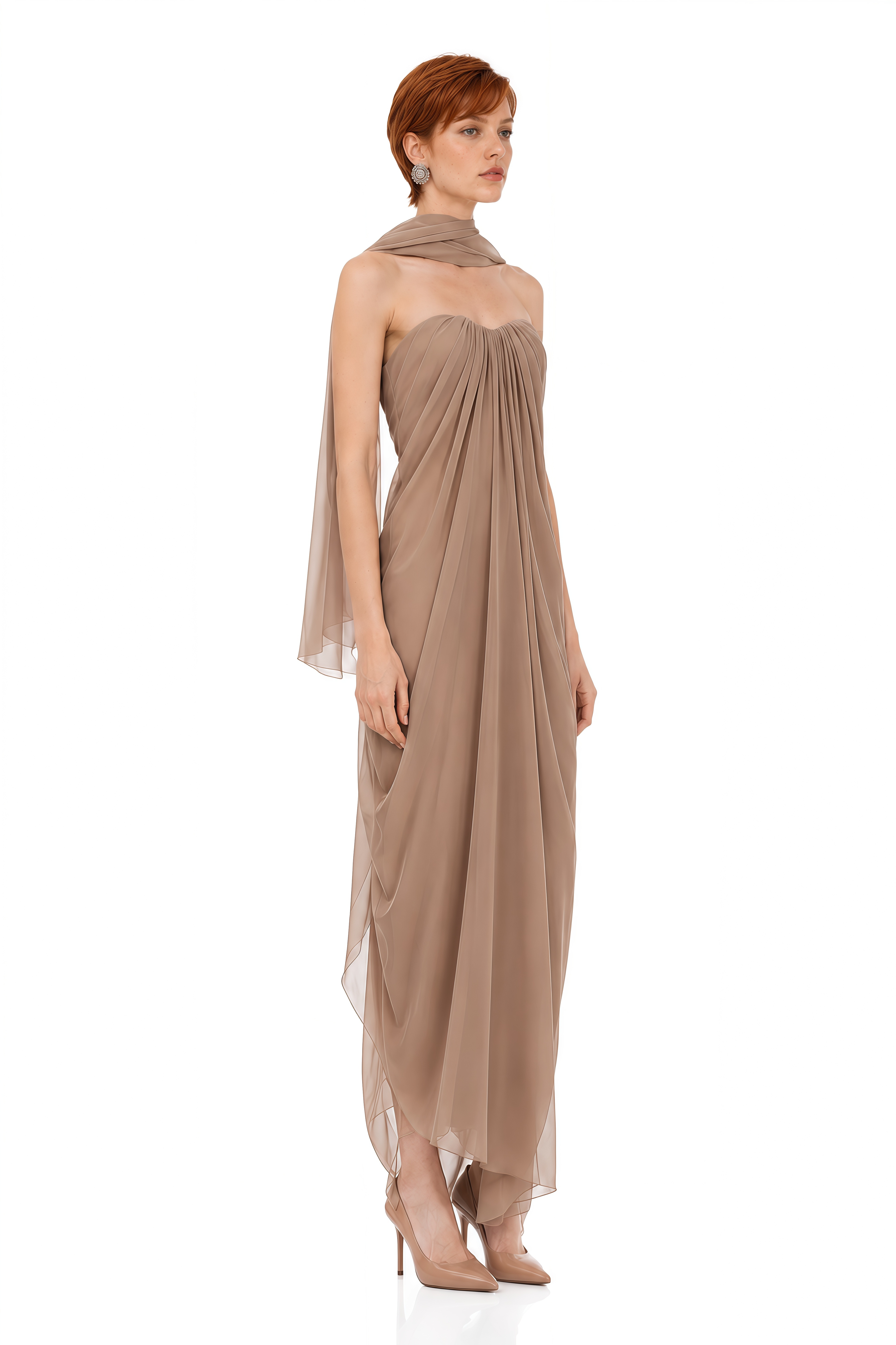 Daphne Brown Strapless Draped Maxi Dress