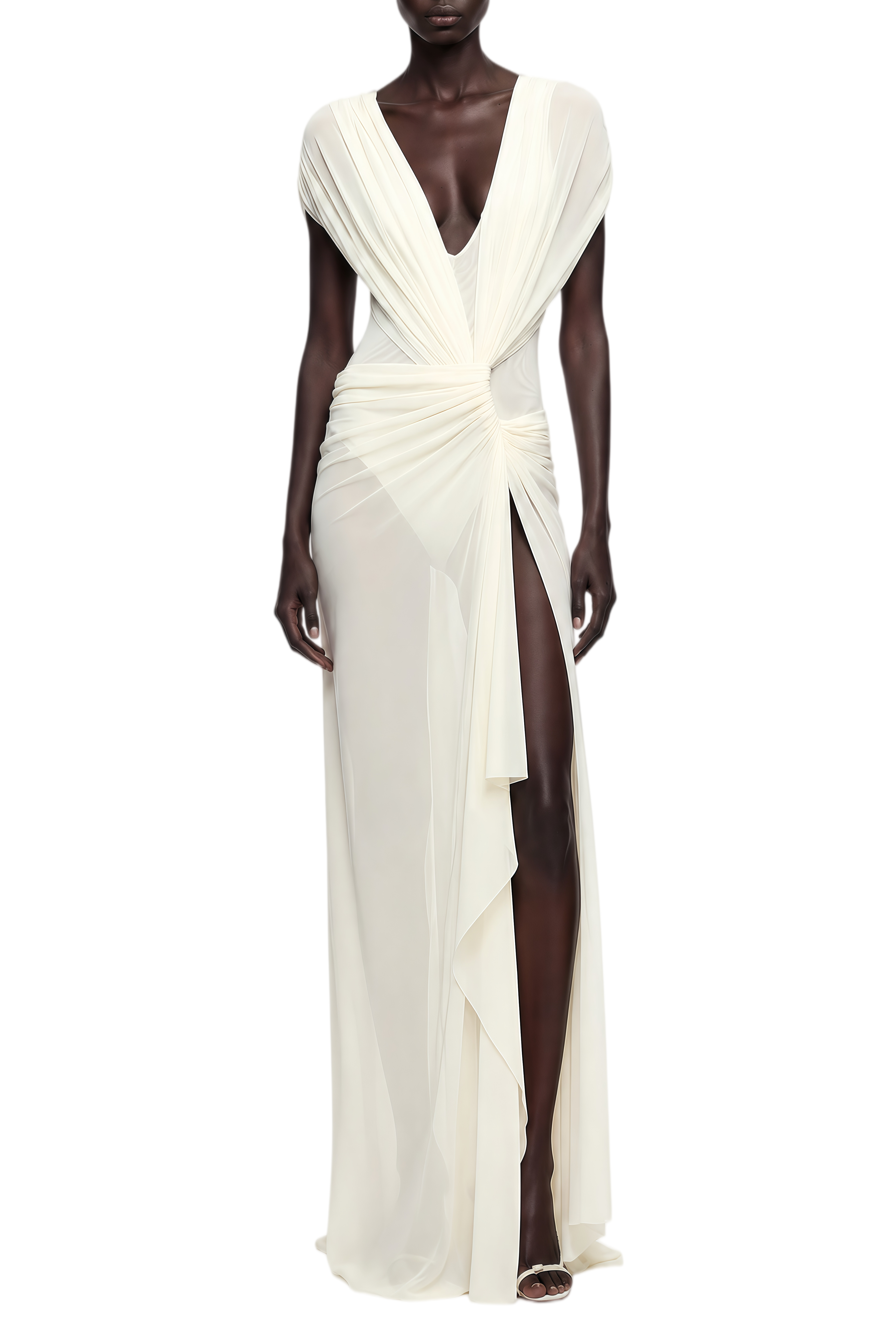 Lydia White V-Neck Draped Maxi Dress