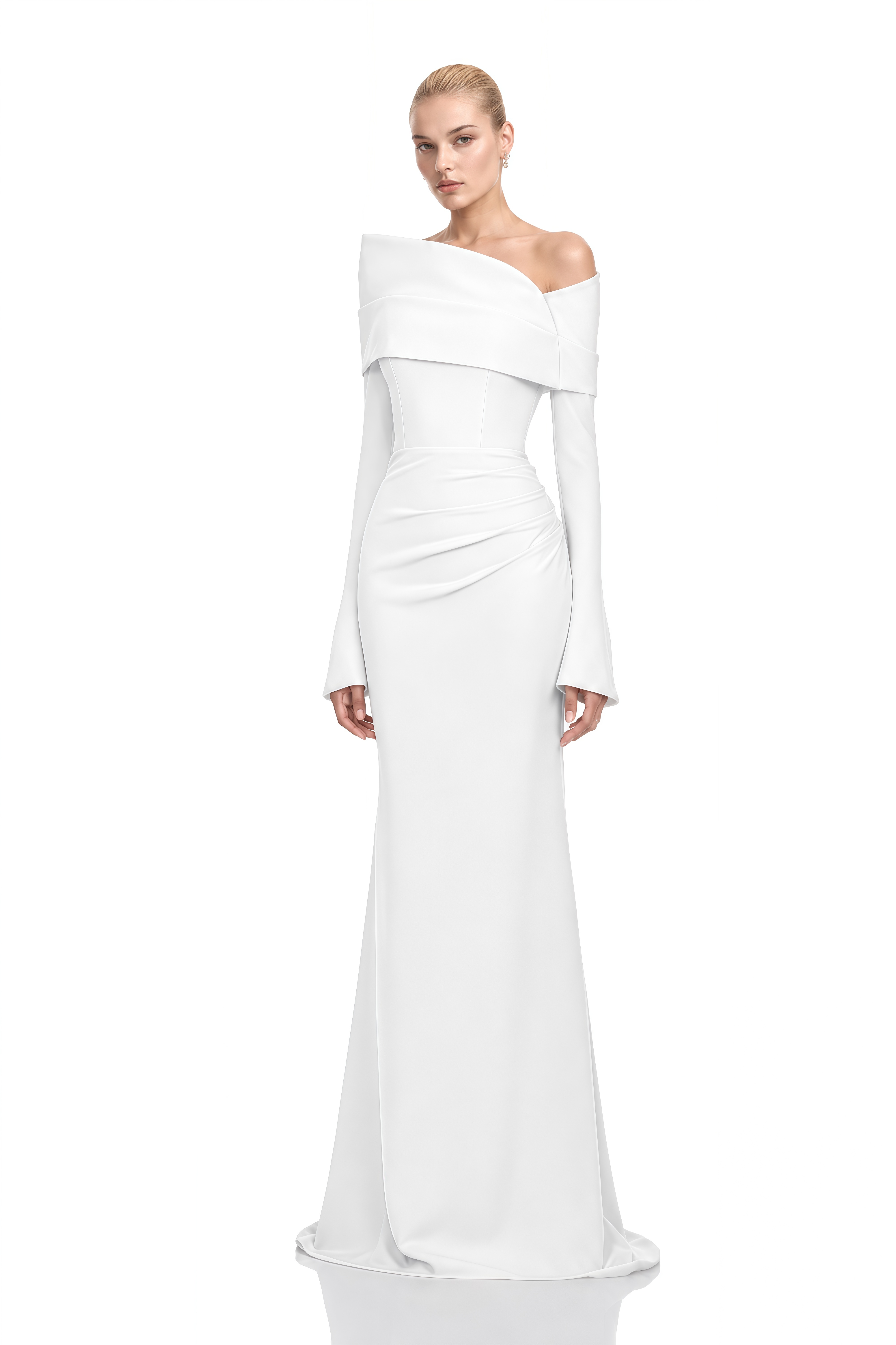 Viola White Long Sleeves Asymmetrical Maxi Dress 