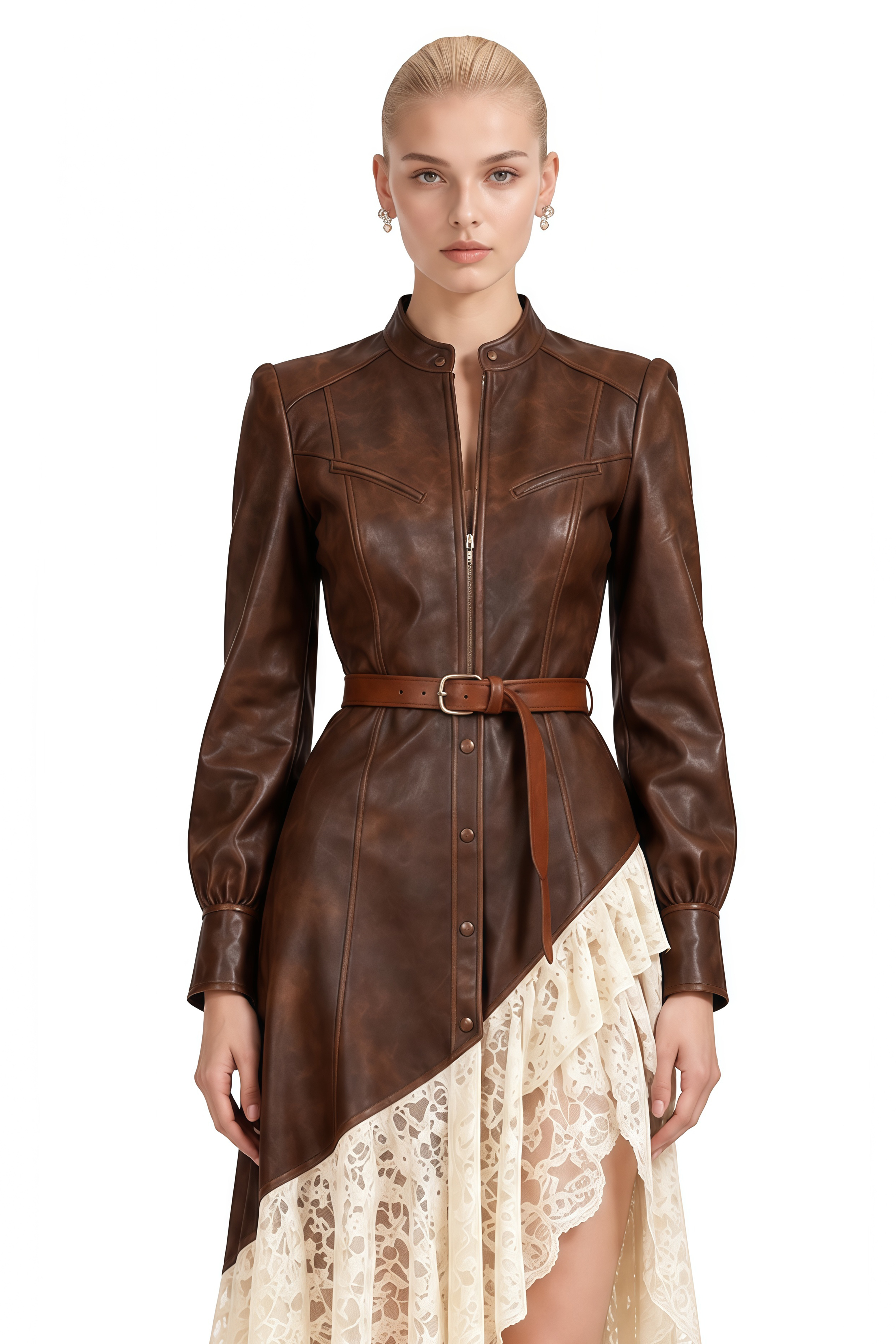 Clover Brown Asymmetrical High-Low Lace Midi Dress
