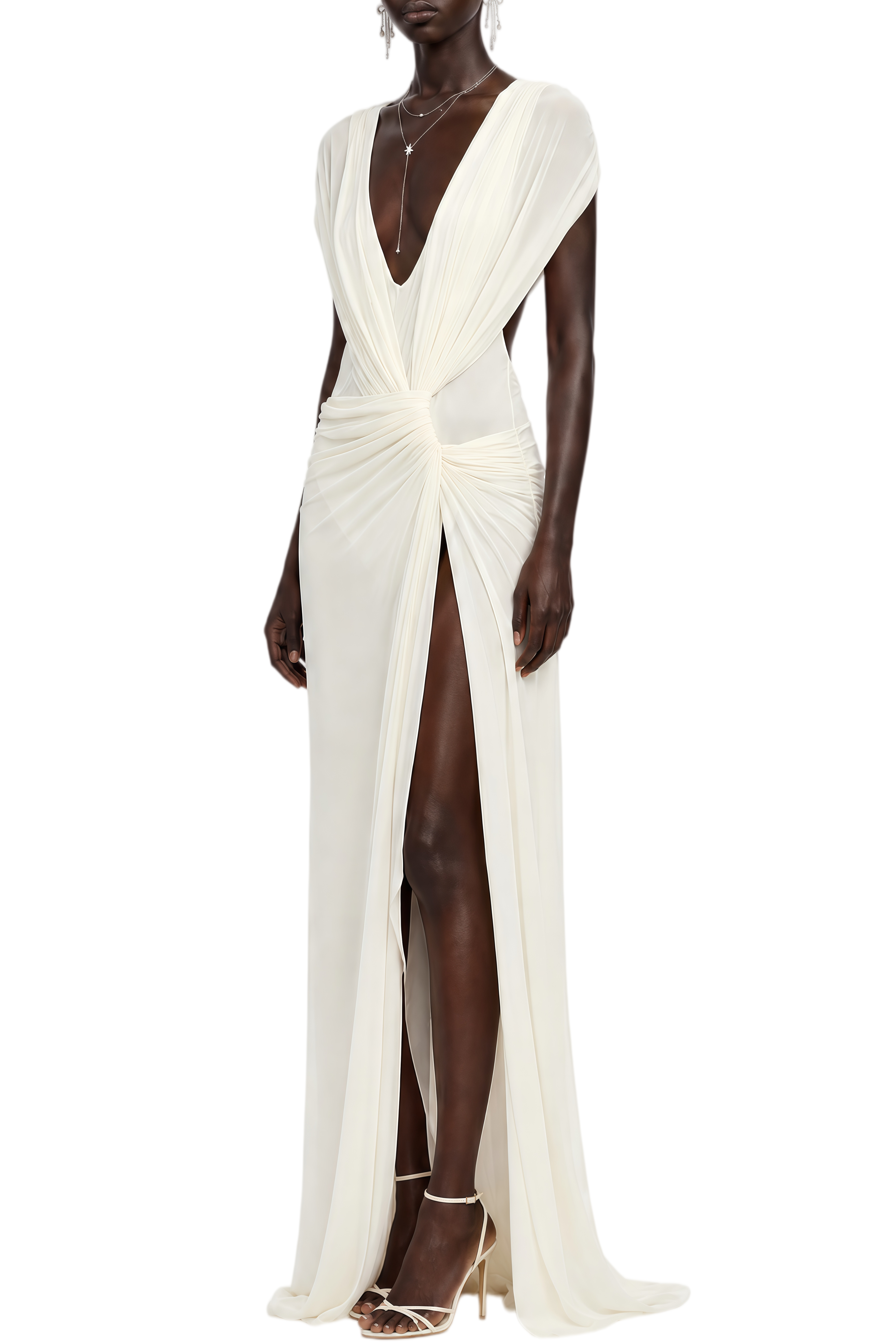 Lydia White V-Neck Draped Maxi Dress