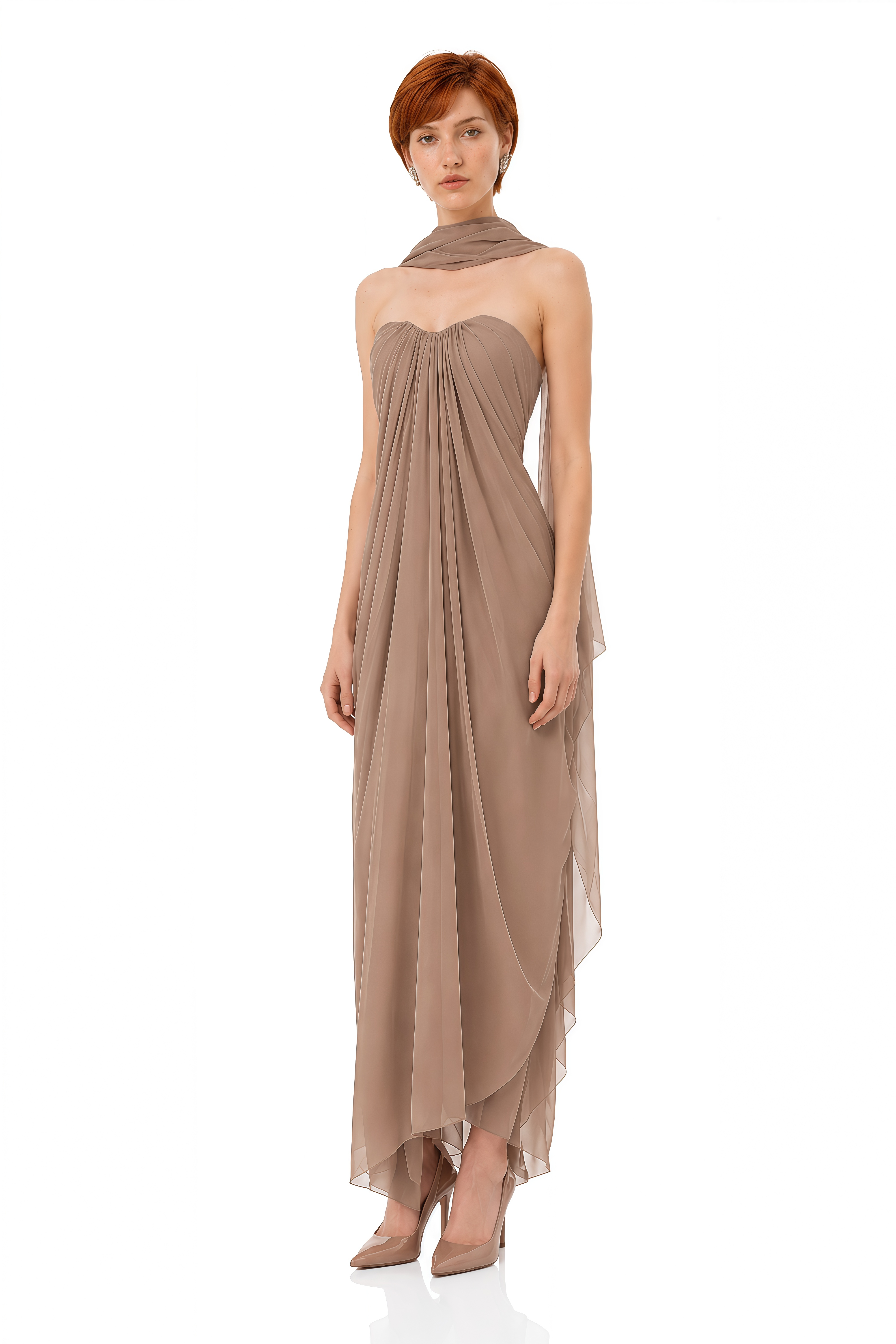 Daphne Brown Strapless Draped Maxi Dress