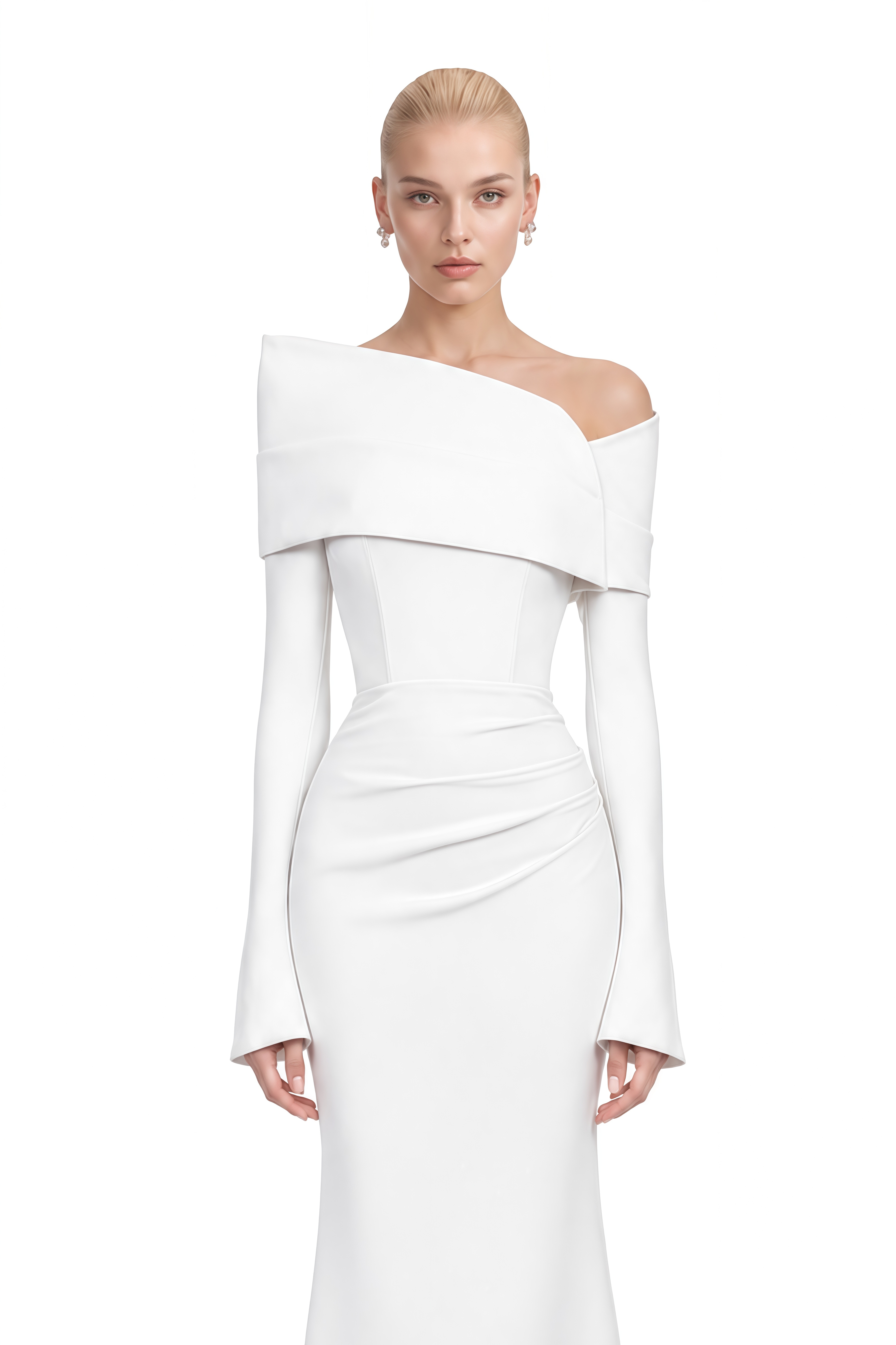 Viola White Long Sleeves Asymmetrical Maxi Dress 