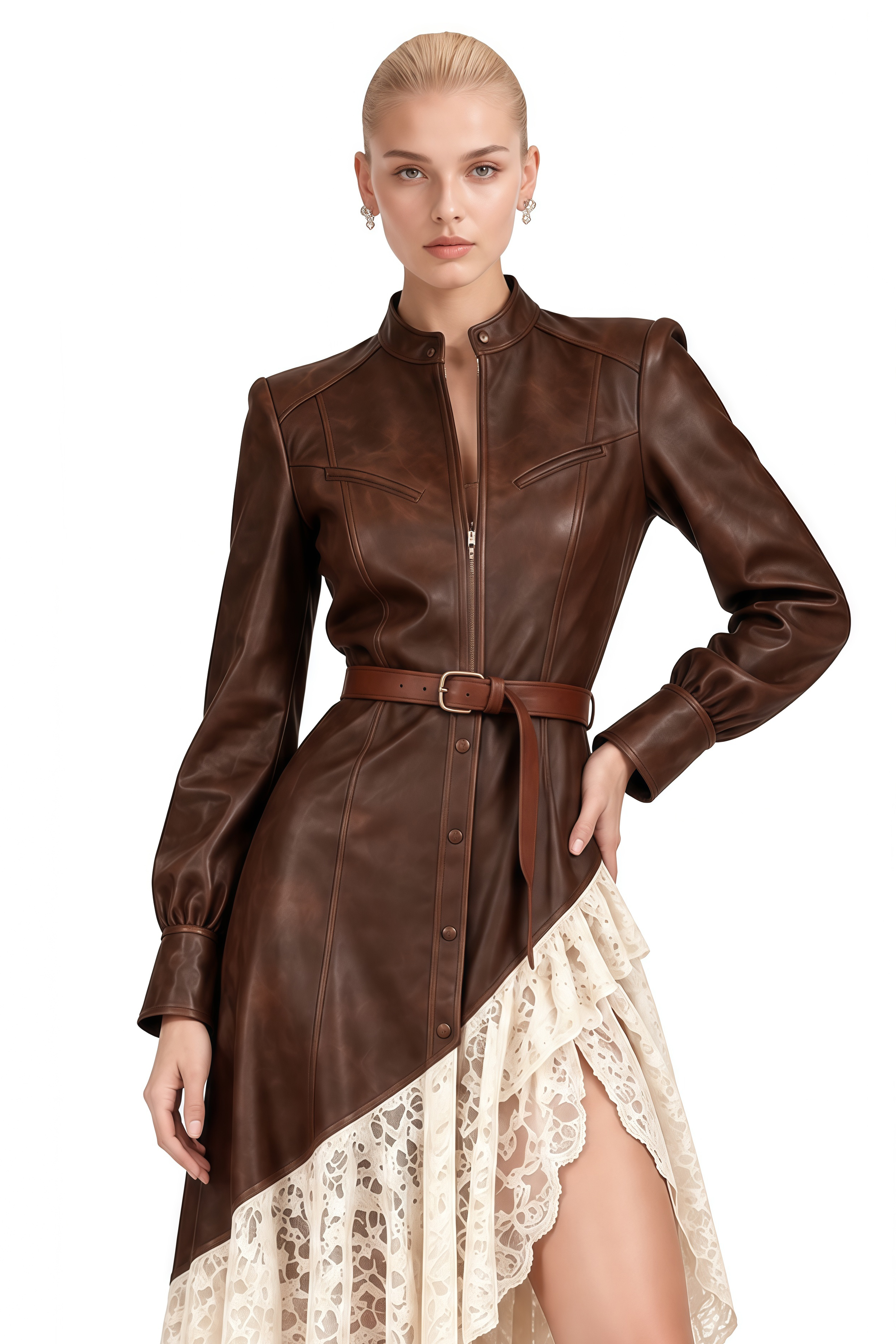Clover Brown Asymmetrical High-Low Lace Midi Dress