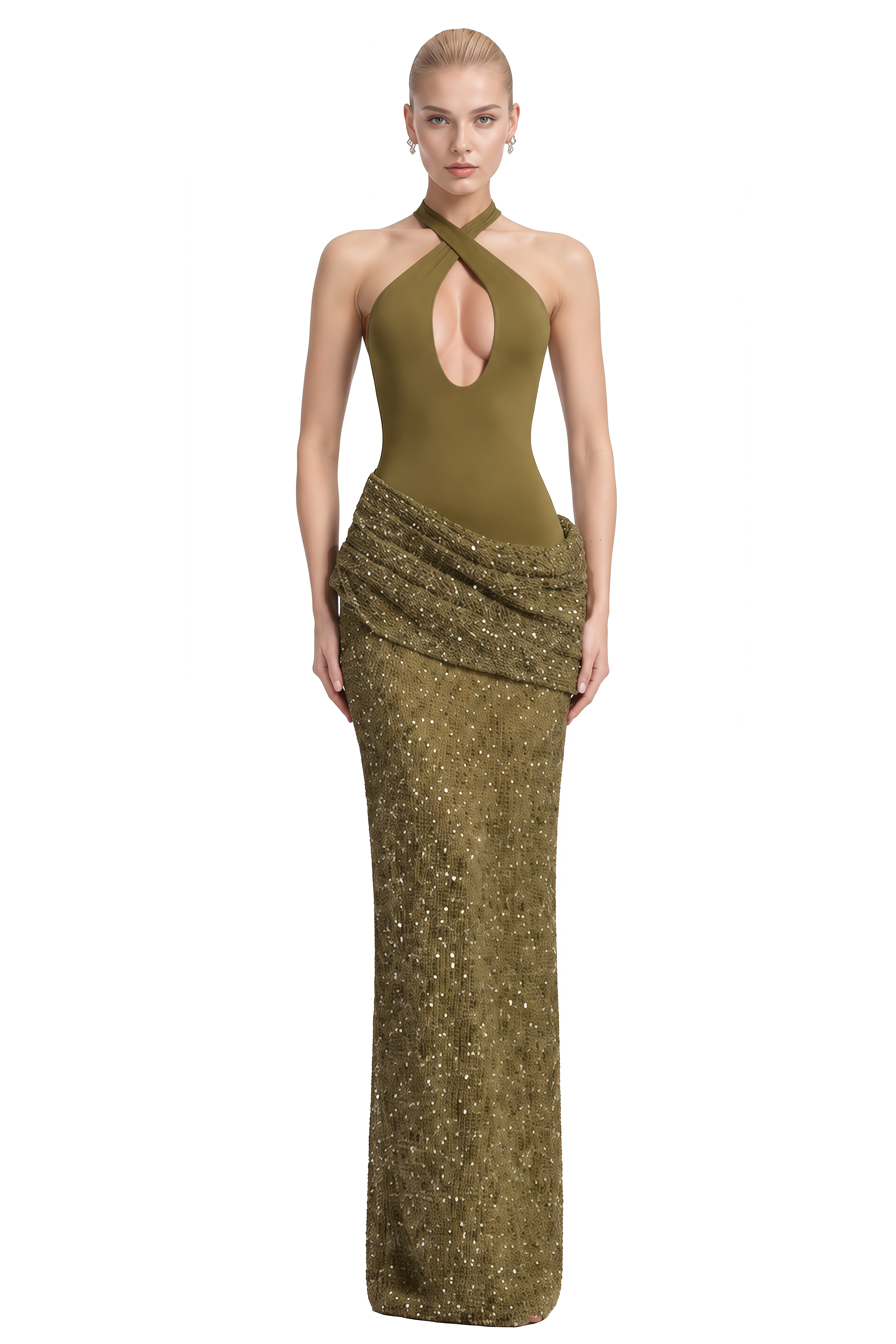 Emerson Olive Green Halterneck Sequin Maxi Dress