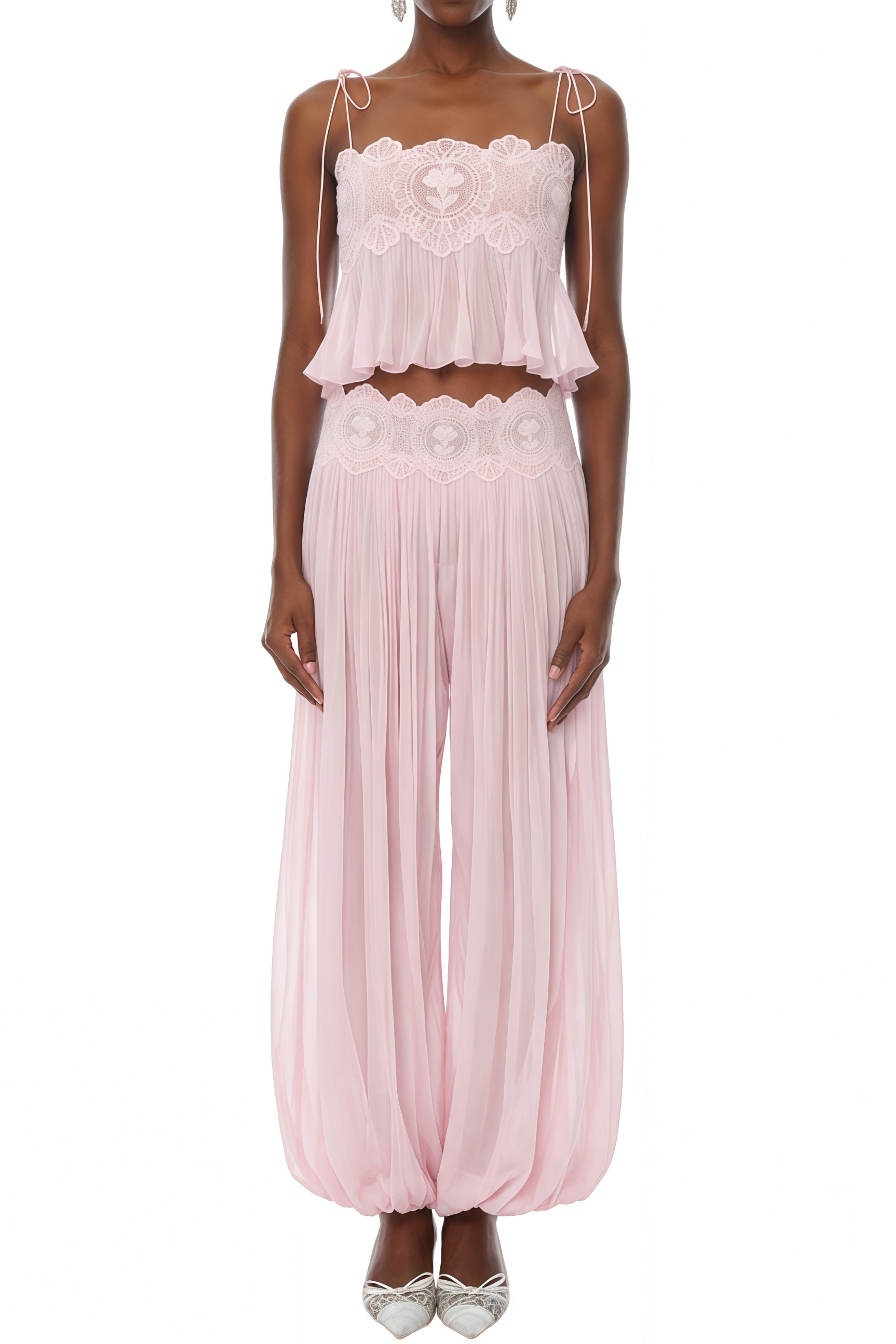 Annabelle Pink Pleated Ruffled Top & Trousers Set