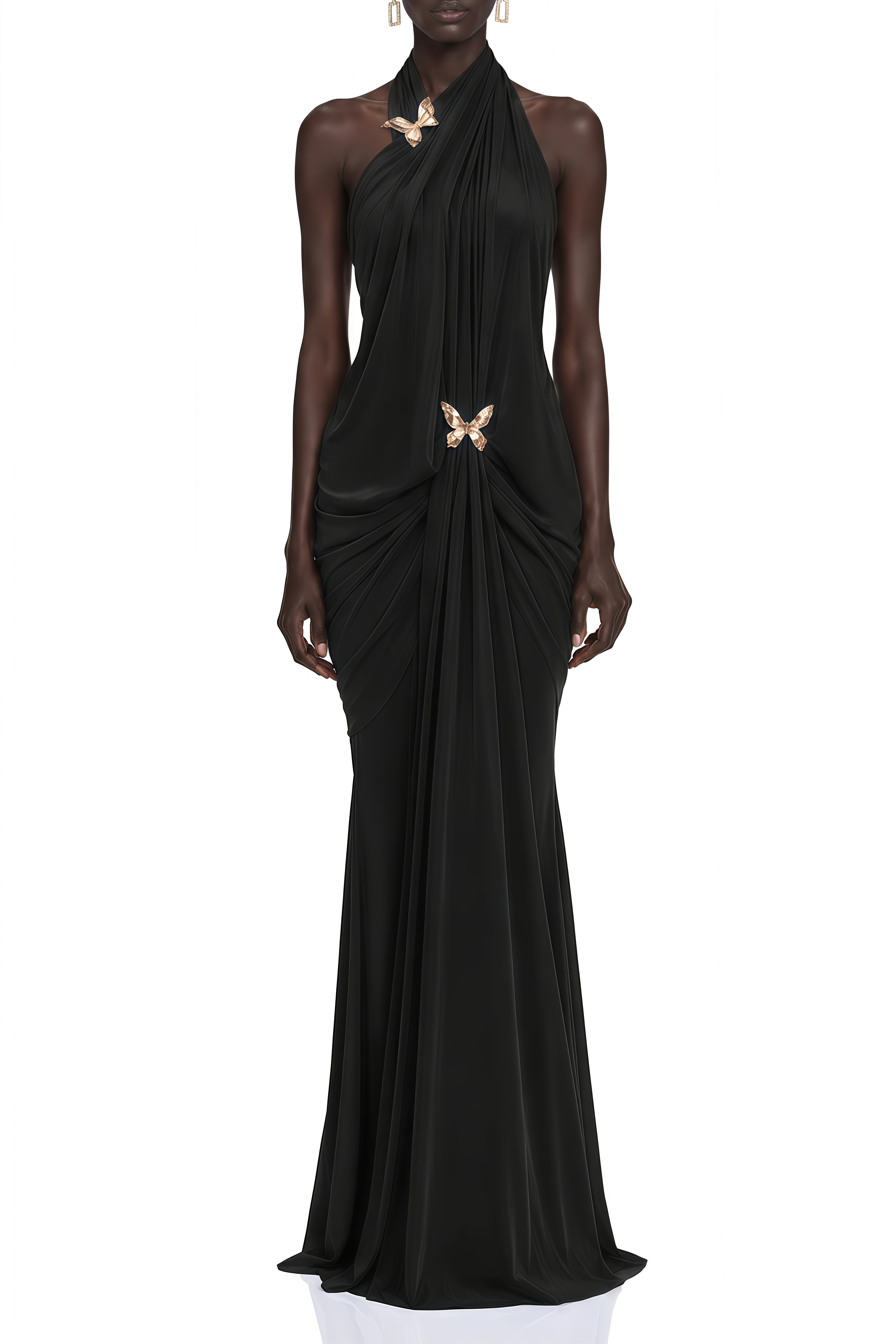 Lavinia Black Halterneck Ruched Maxi Dress