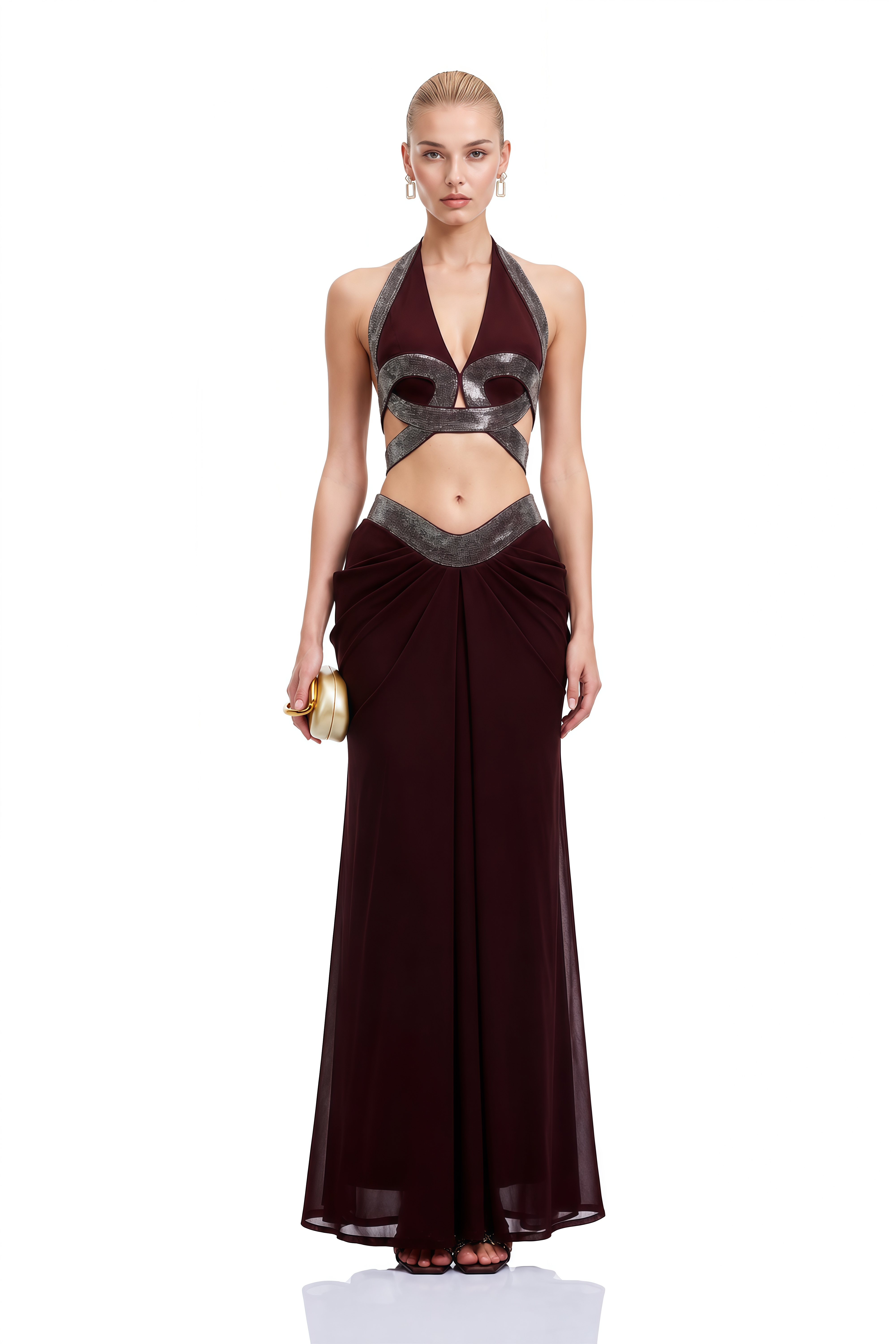 Althea Brown Halterneck Cut-Out Top & Skirt Set