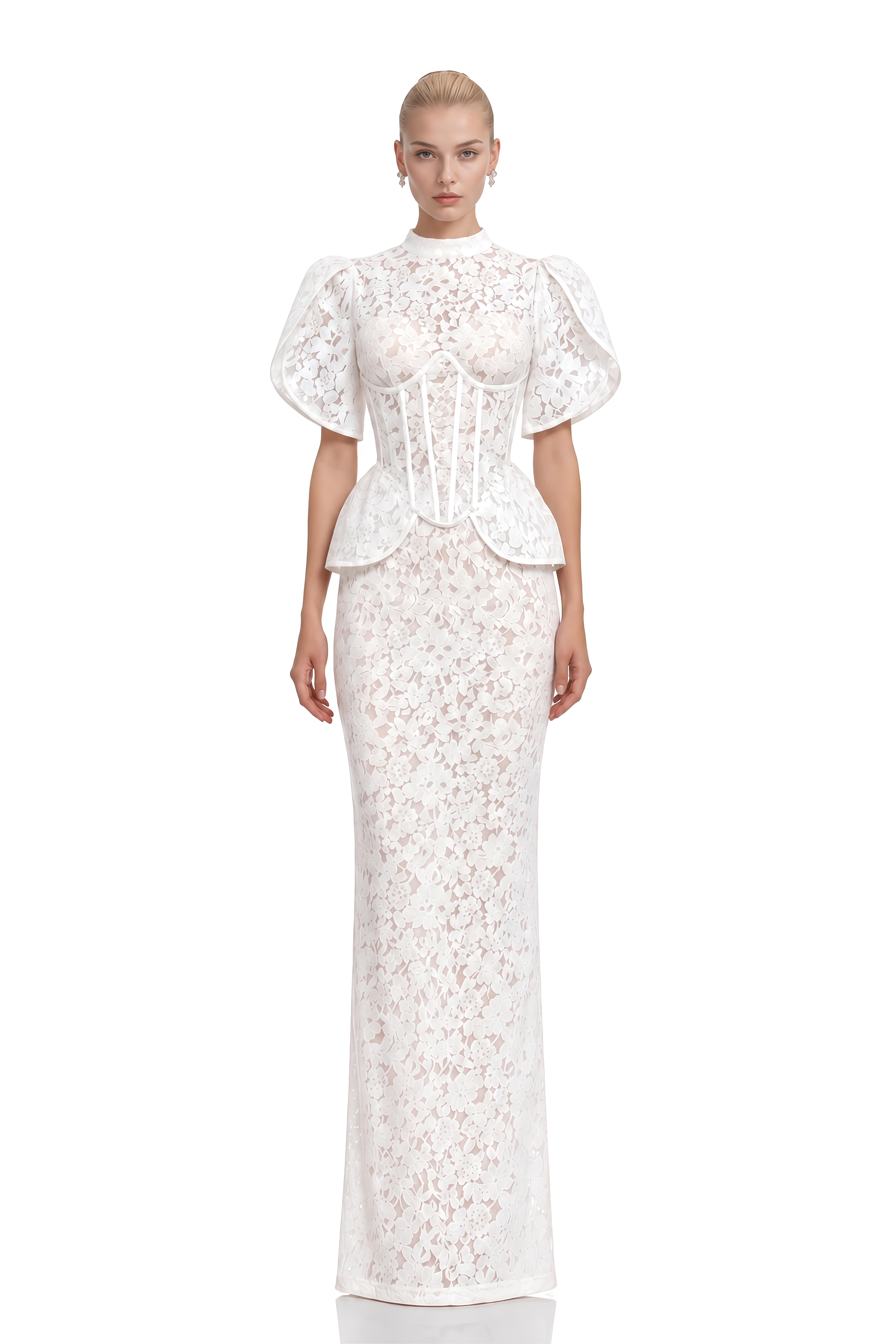 Daphne White Turtleneck Floral Lace Top & Skirt Set