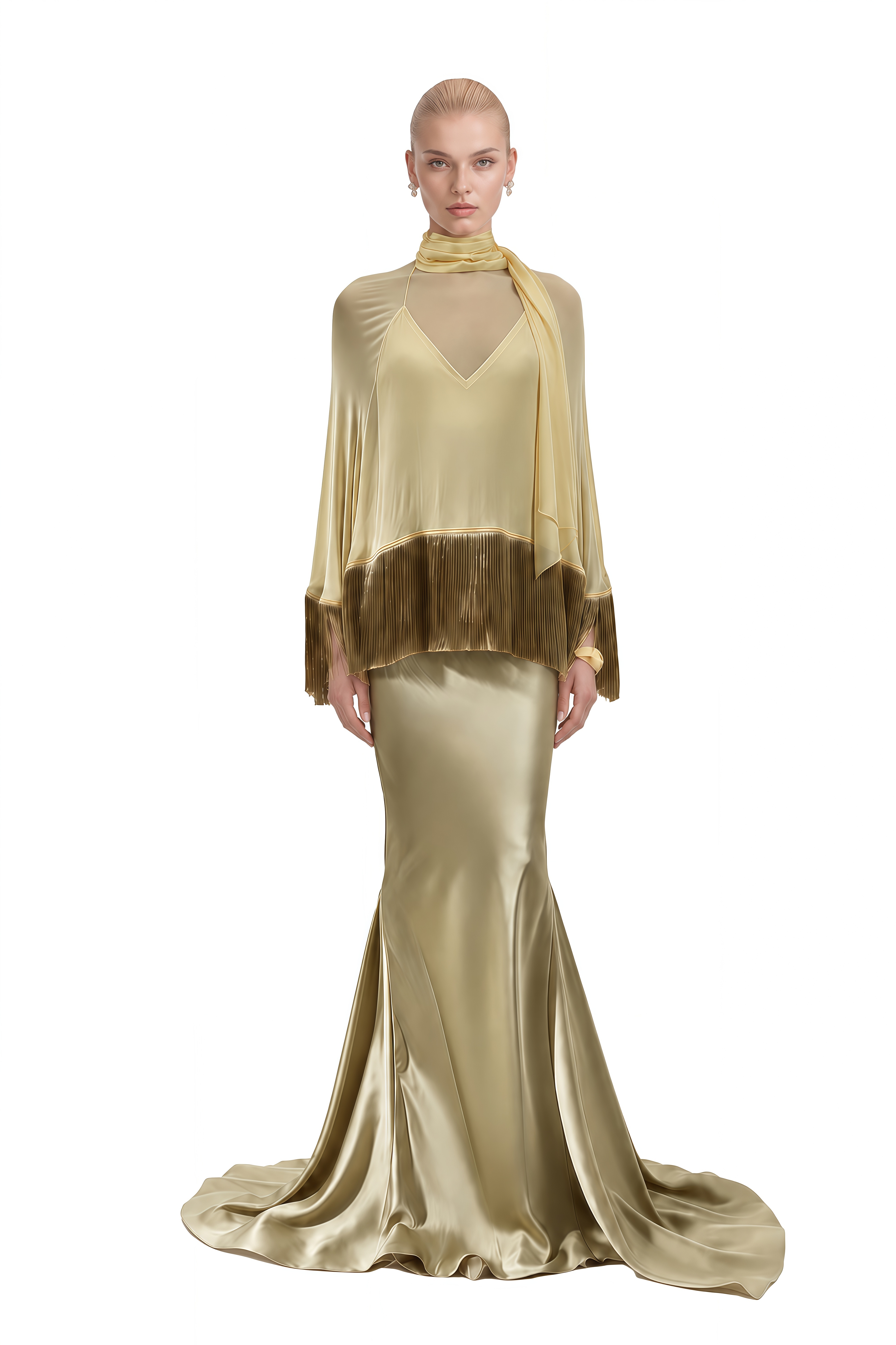 Alexandra Light Yellow Cape Fringe-Trim Top & Skirt Set