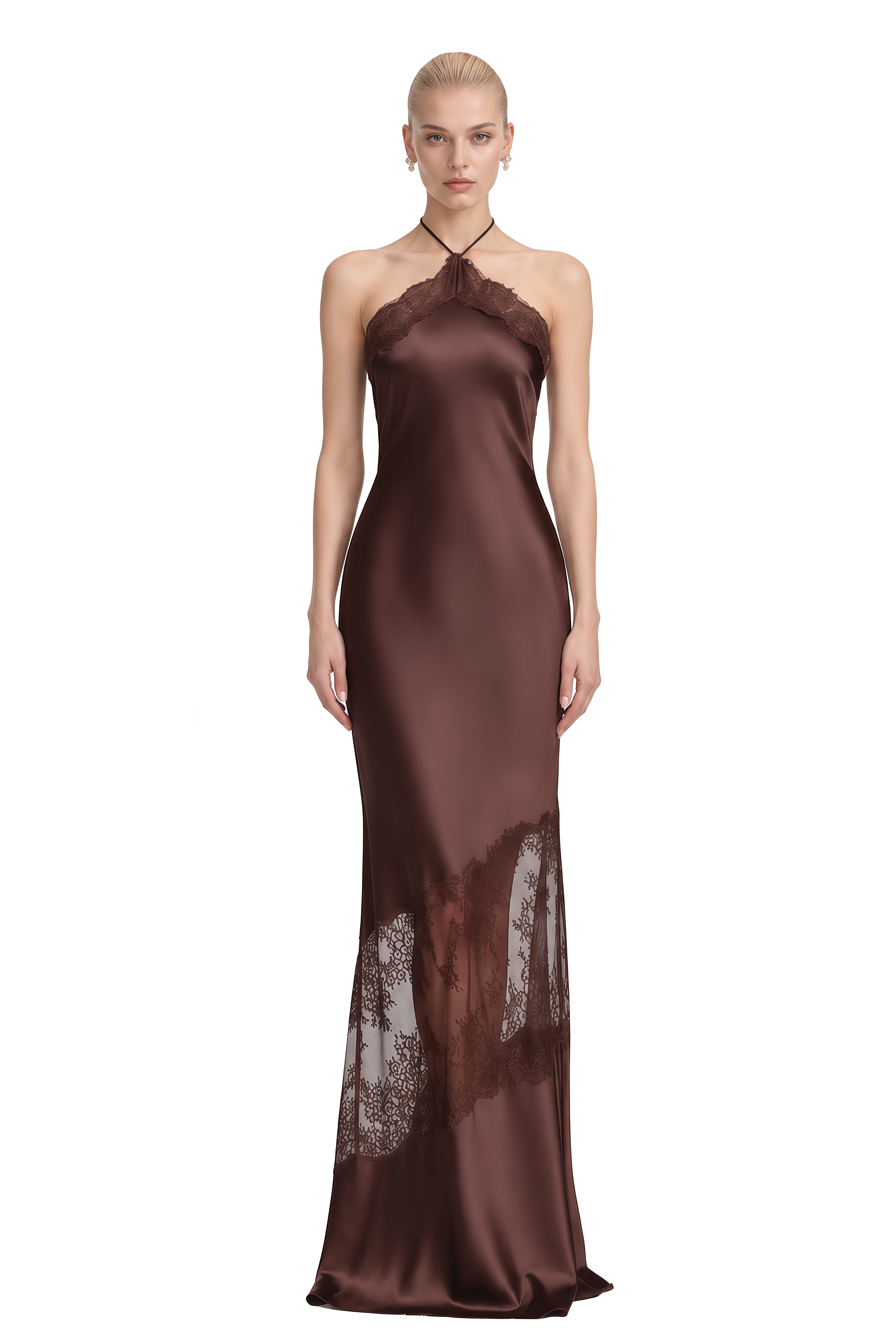 Sylvia Dark Brown Halterneck Lace Maxi Dress