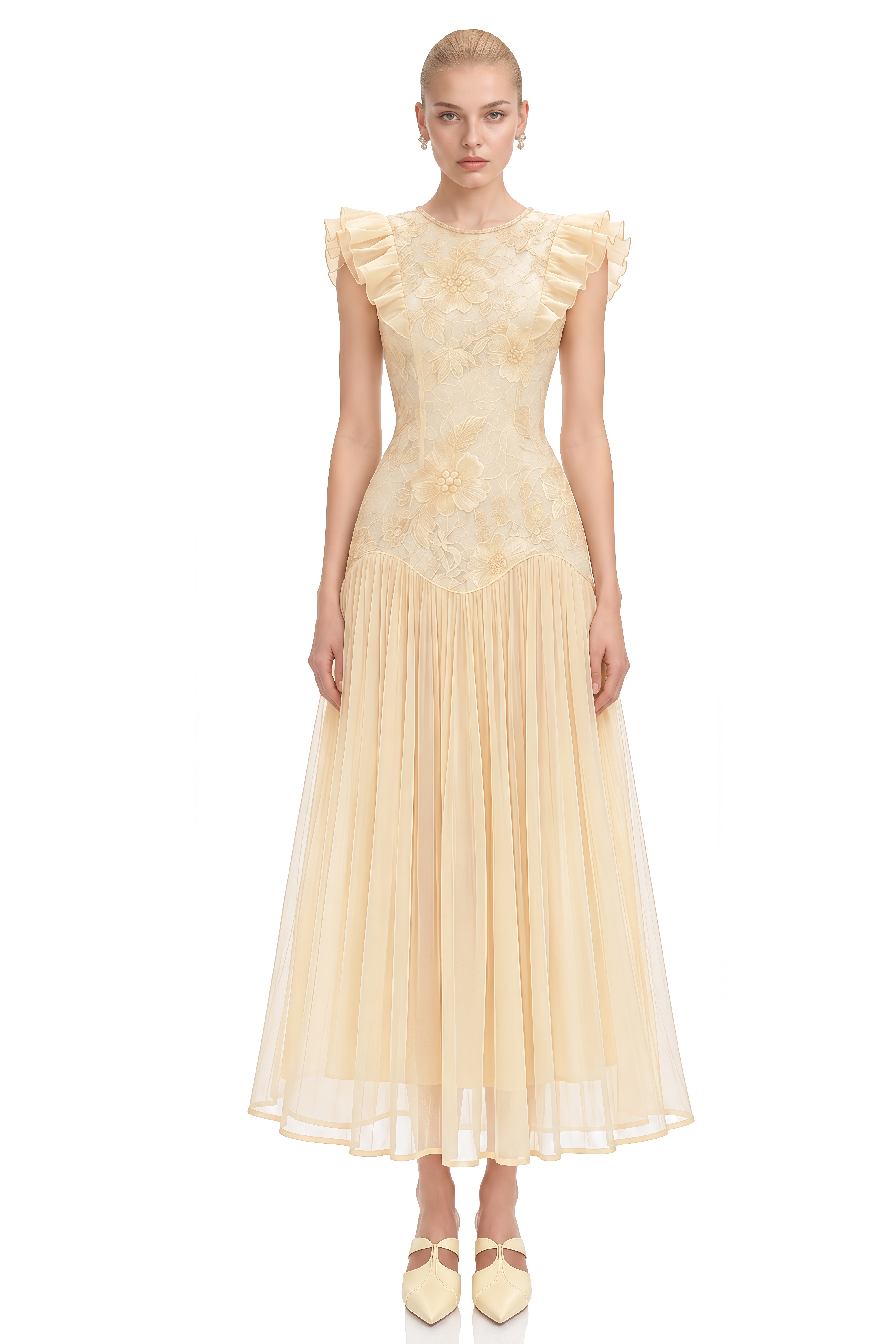 Manon Yellow Round Neck Pleated Midi Dress