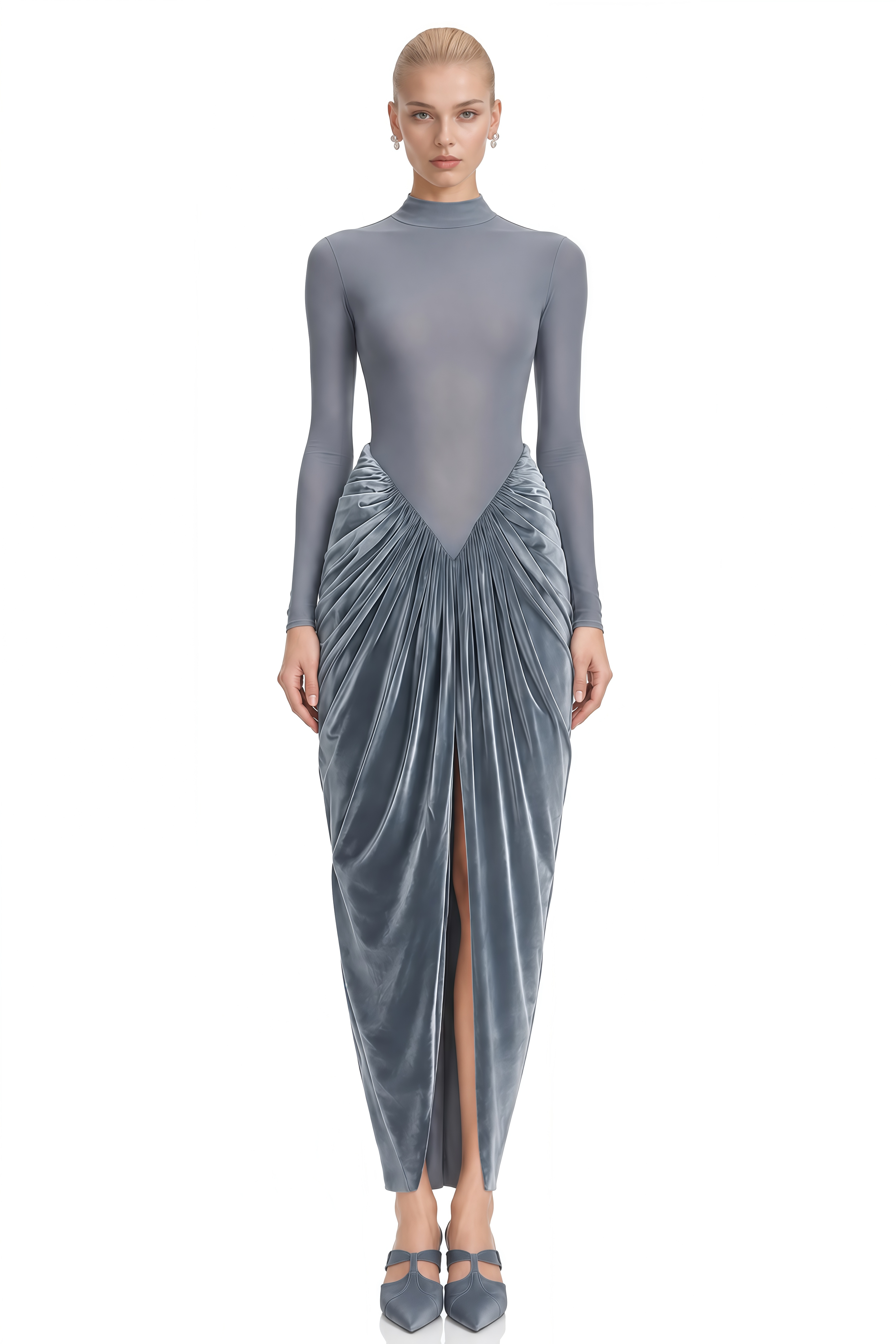 Theodora Grey Turtleneck Velvet Maxi Dress