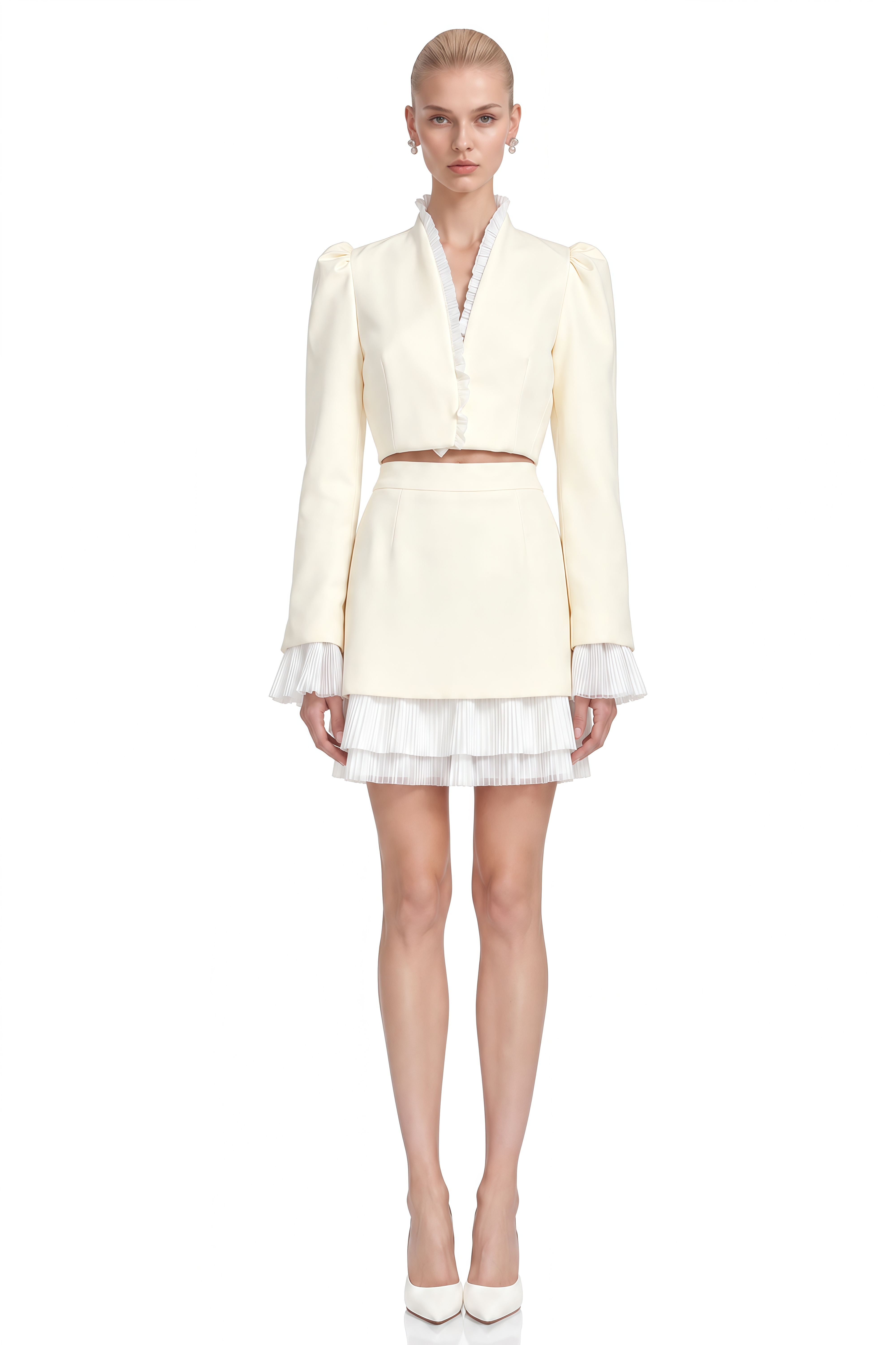 Lavinia White Long Sleeves Pleated Top & Skirt Set