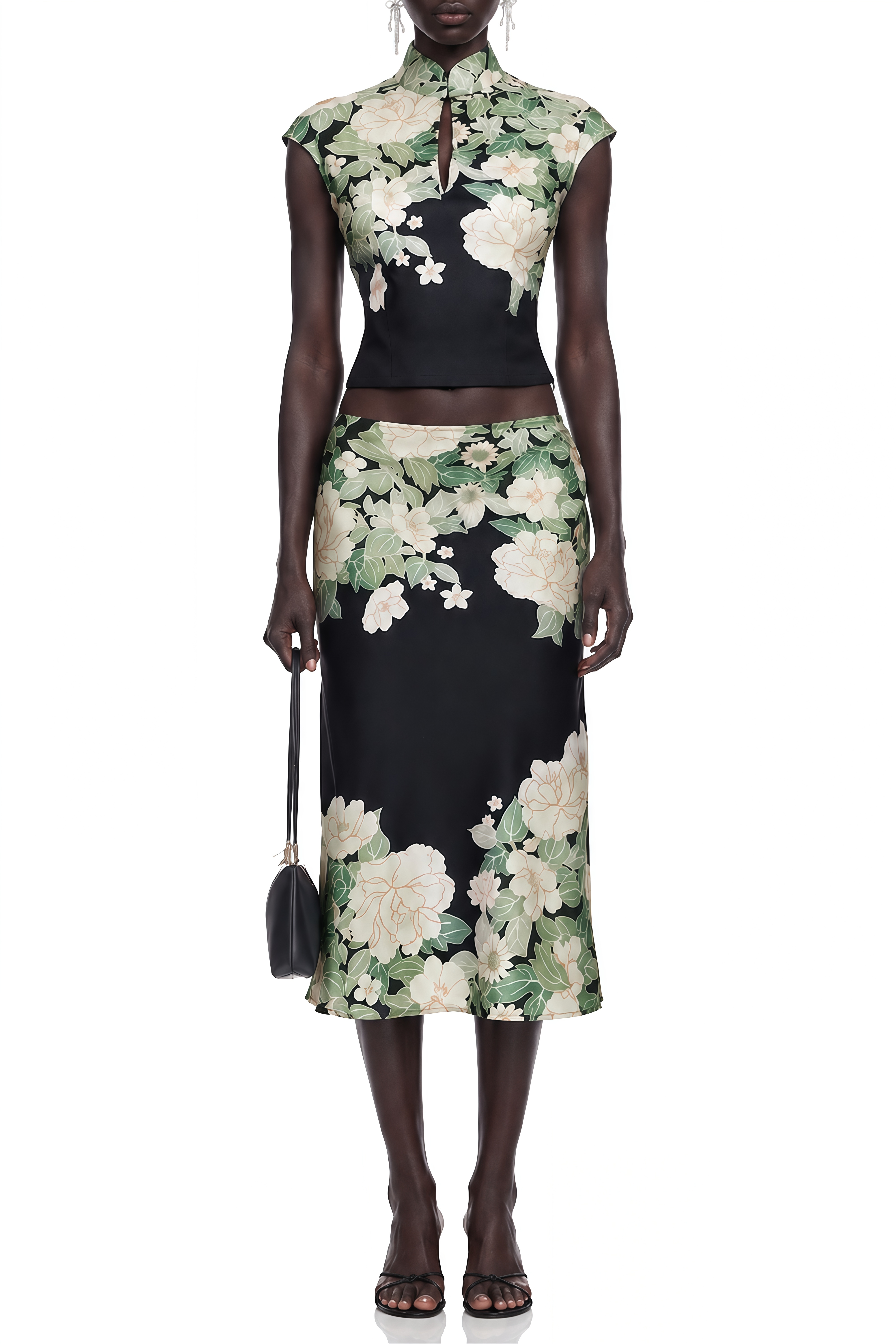 Rosalind Black Turtleneck Floral Print Top & Skirt Set