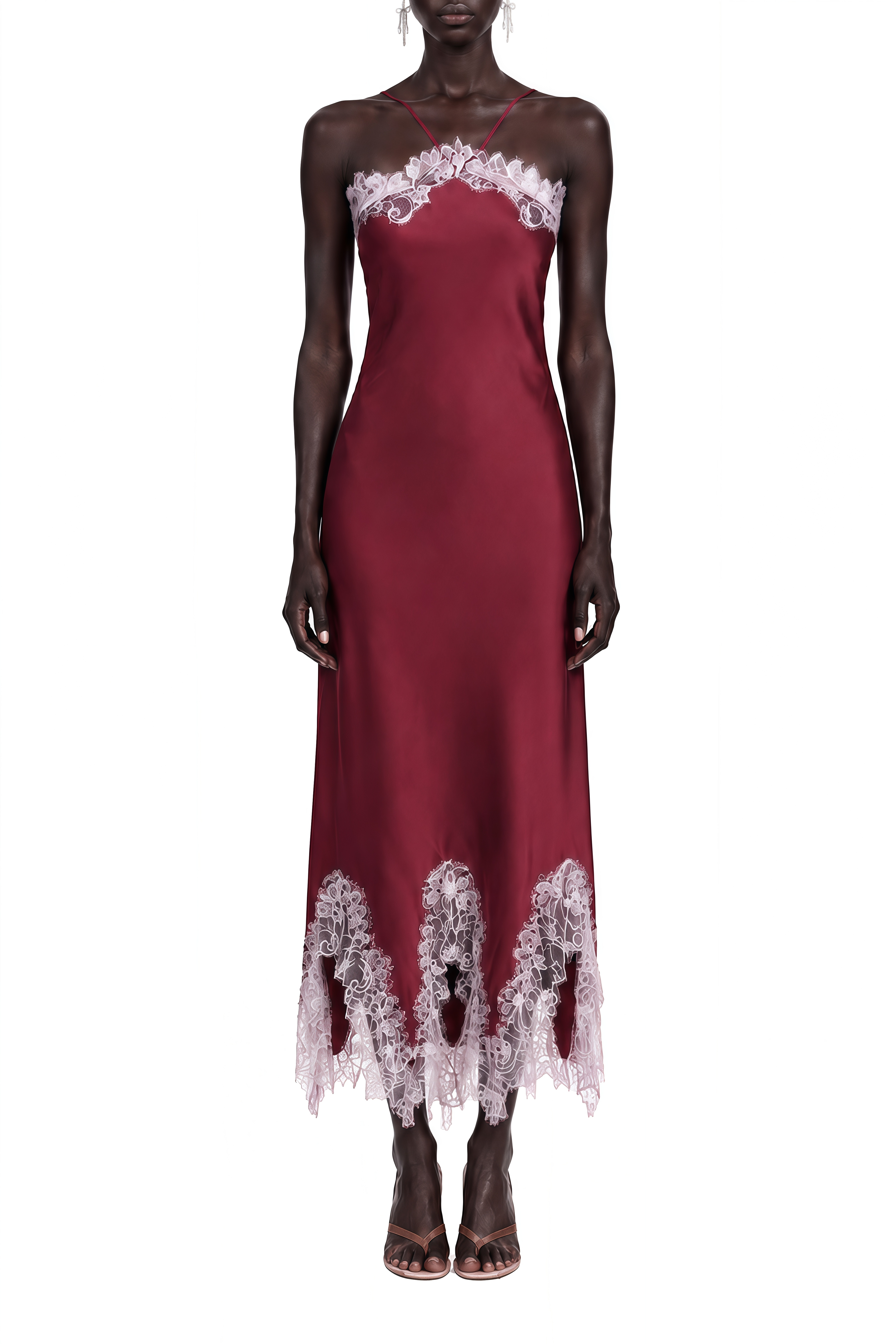 Eulalia Burgundy Sleeveless Lace Midi Dress