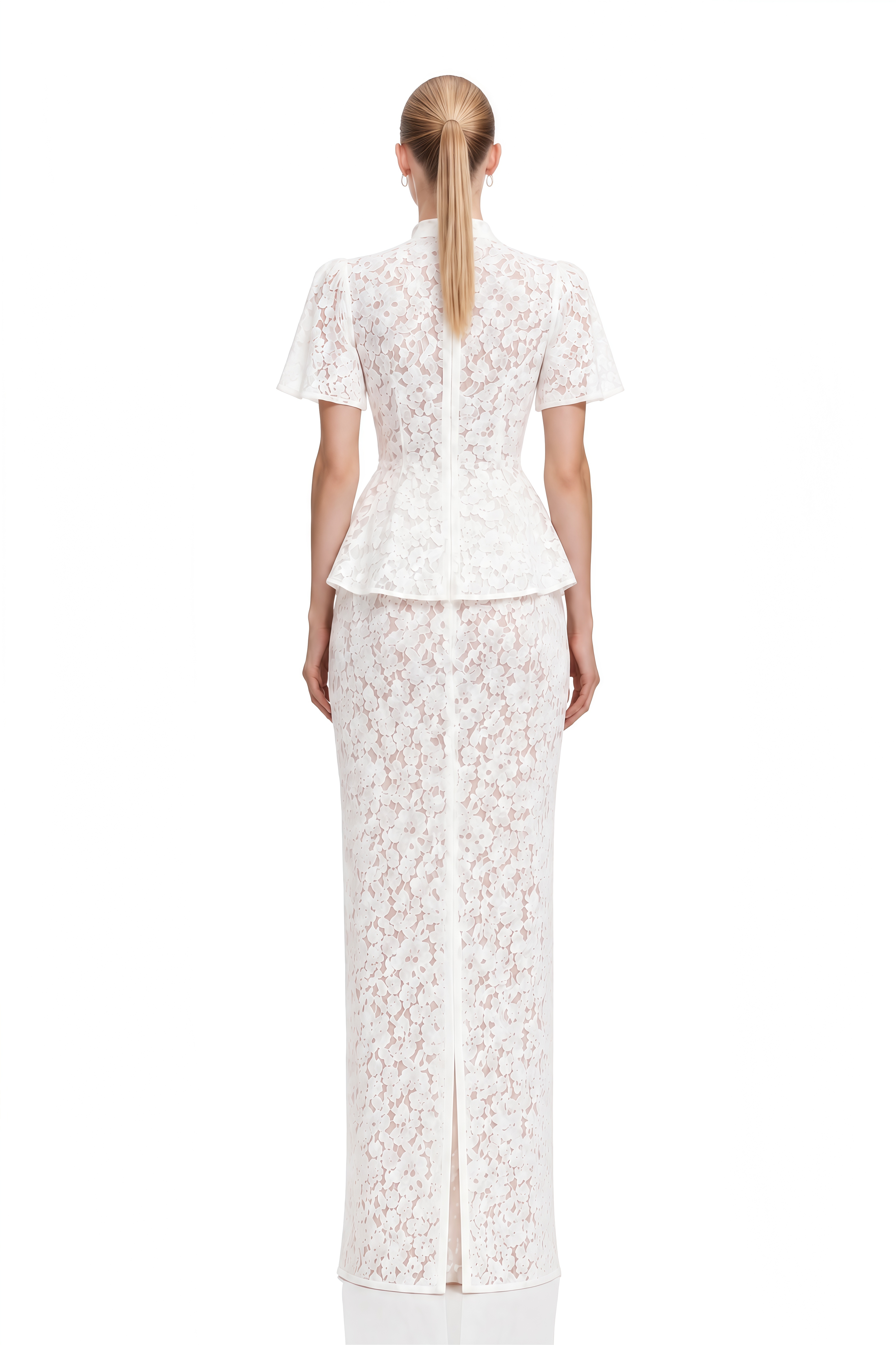Daphne White Turtleneck Floral Lace Top & Skirt Set
