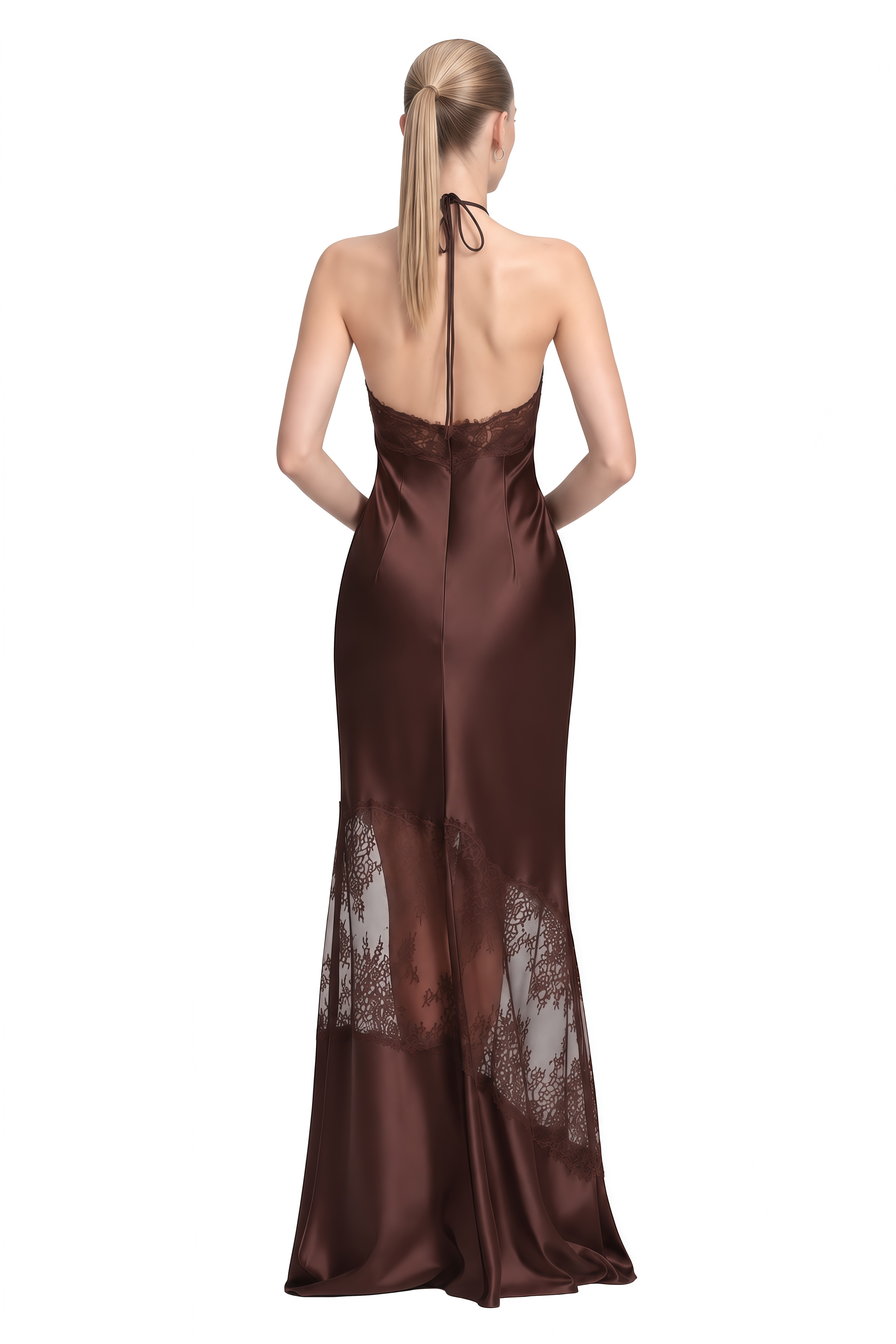 Sylvia Dark Brown Halterneck Lace Maxi Dress