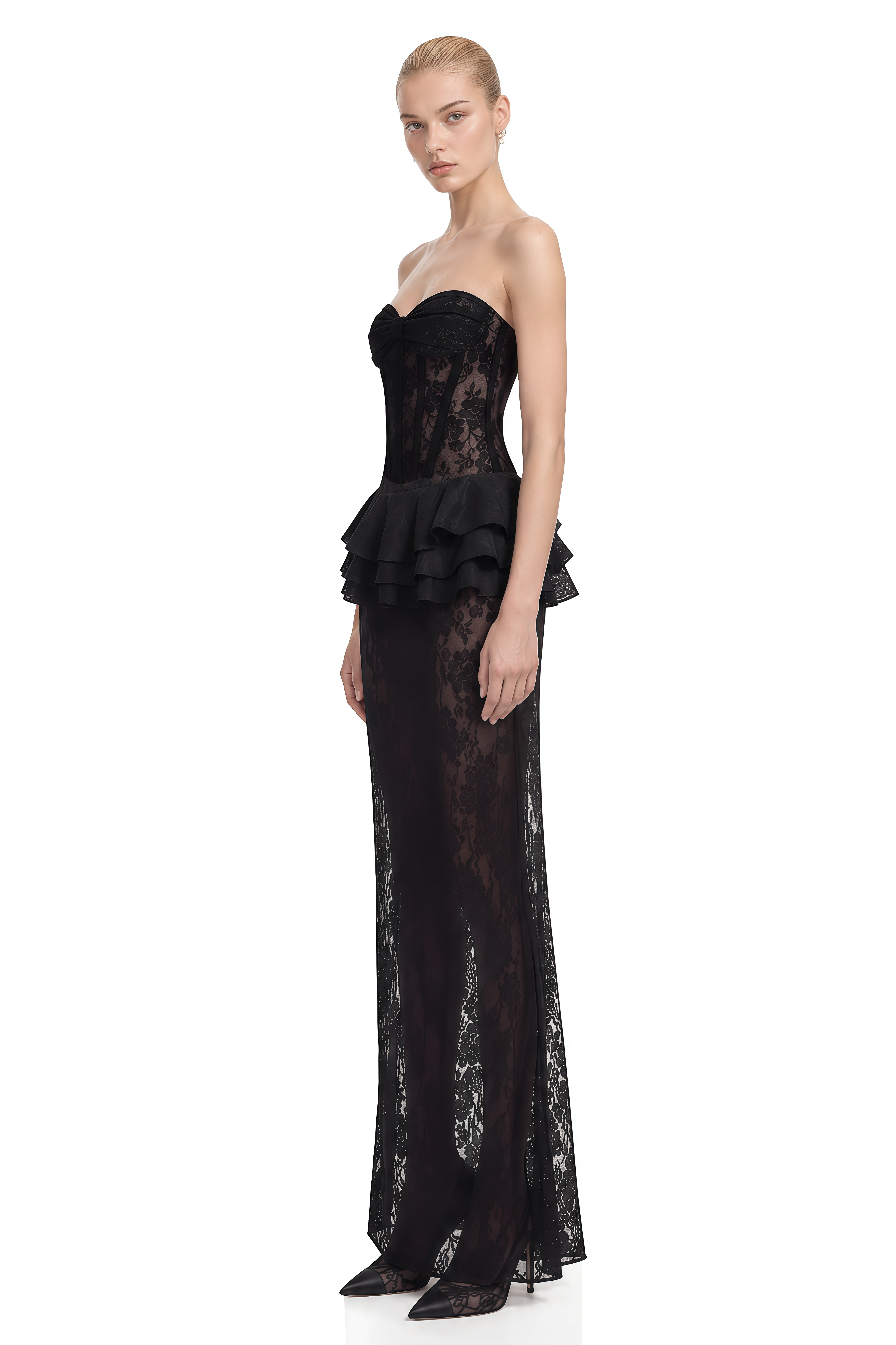 Amelia Black Strapless Floral Lace Maxi Dress