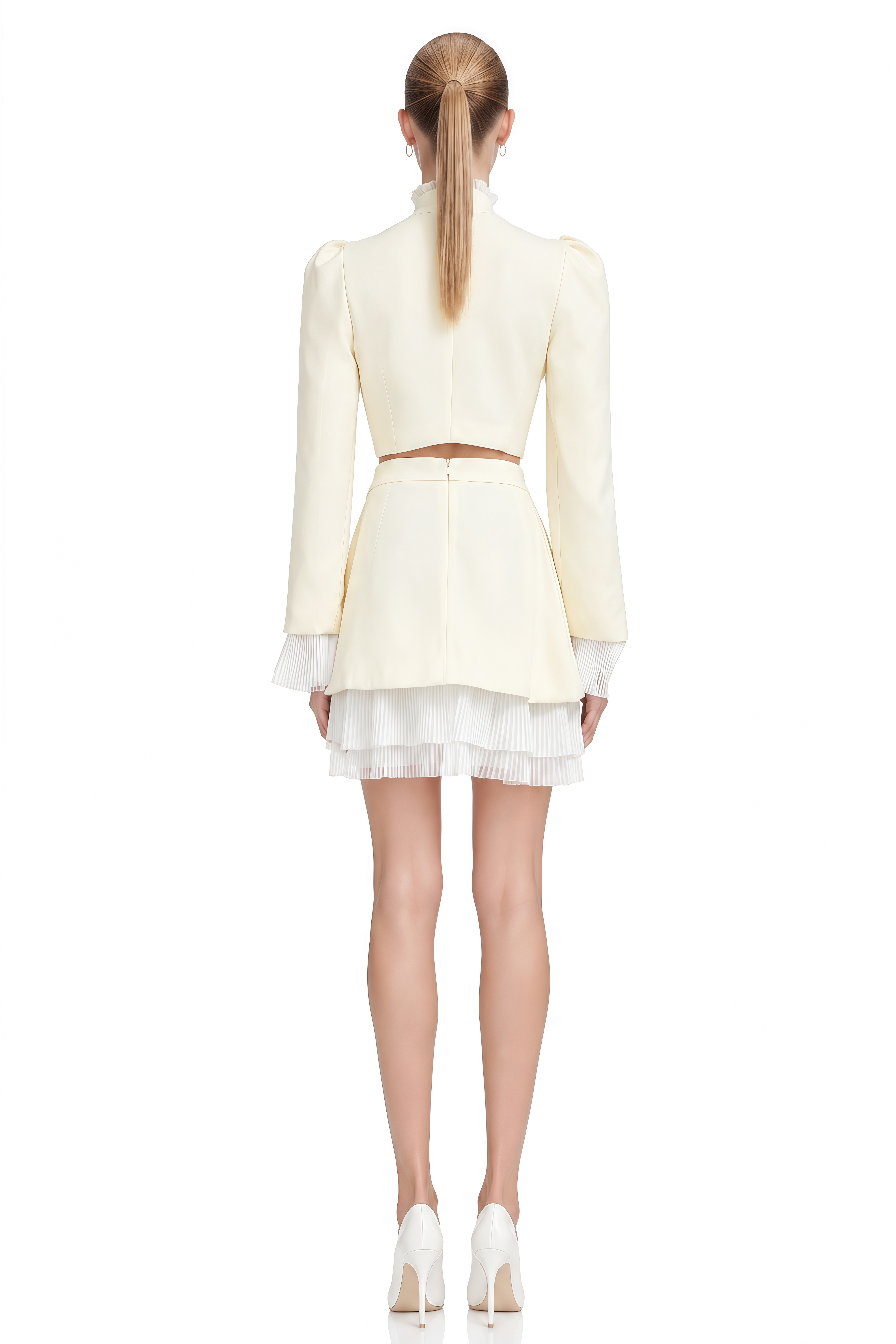 Lavinia White Long Sleeves Pleated Top & Skirt Set