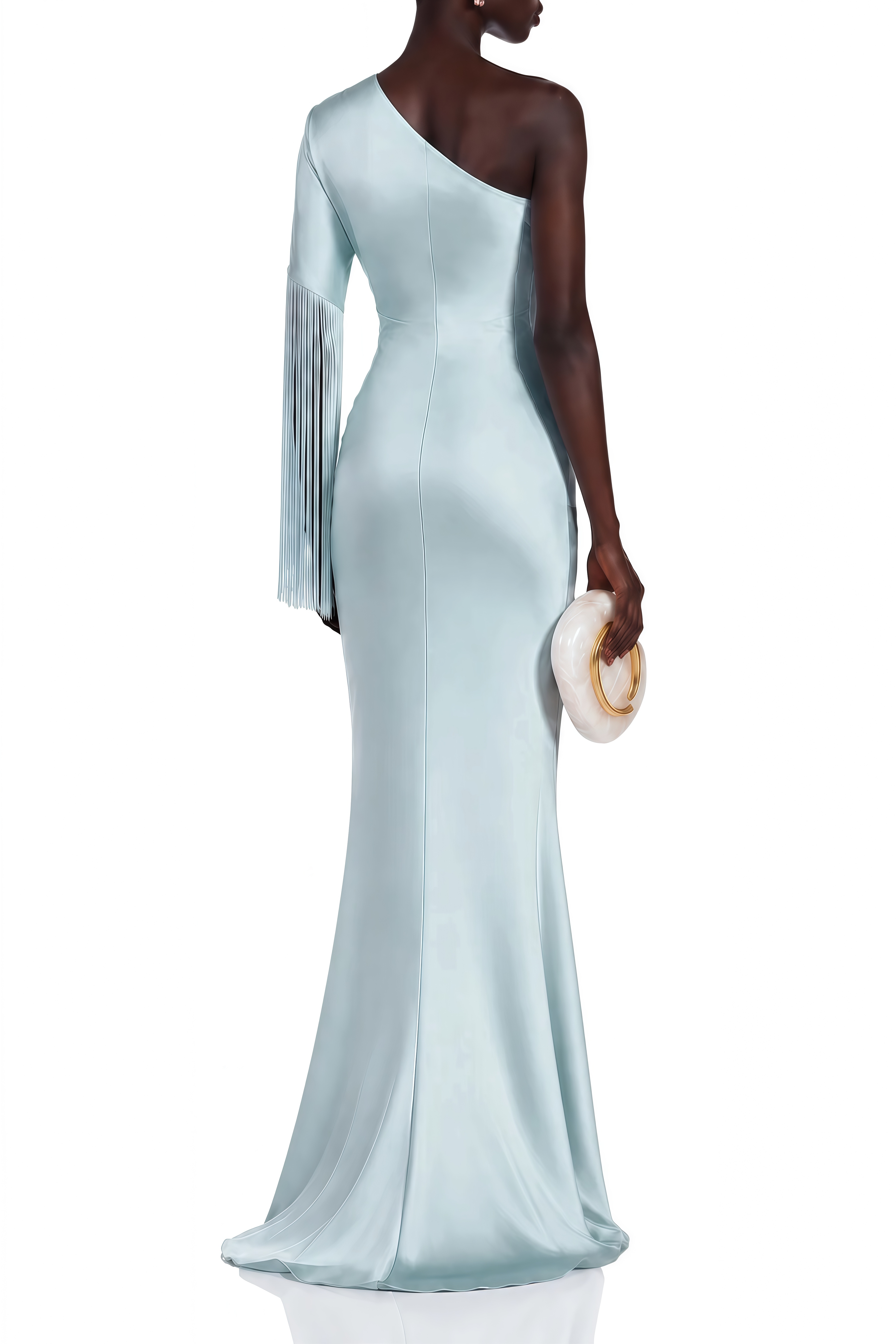 Nerissa Light Blue One Shoulder Fringe Maxi Dress
