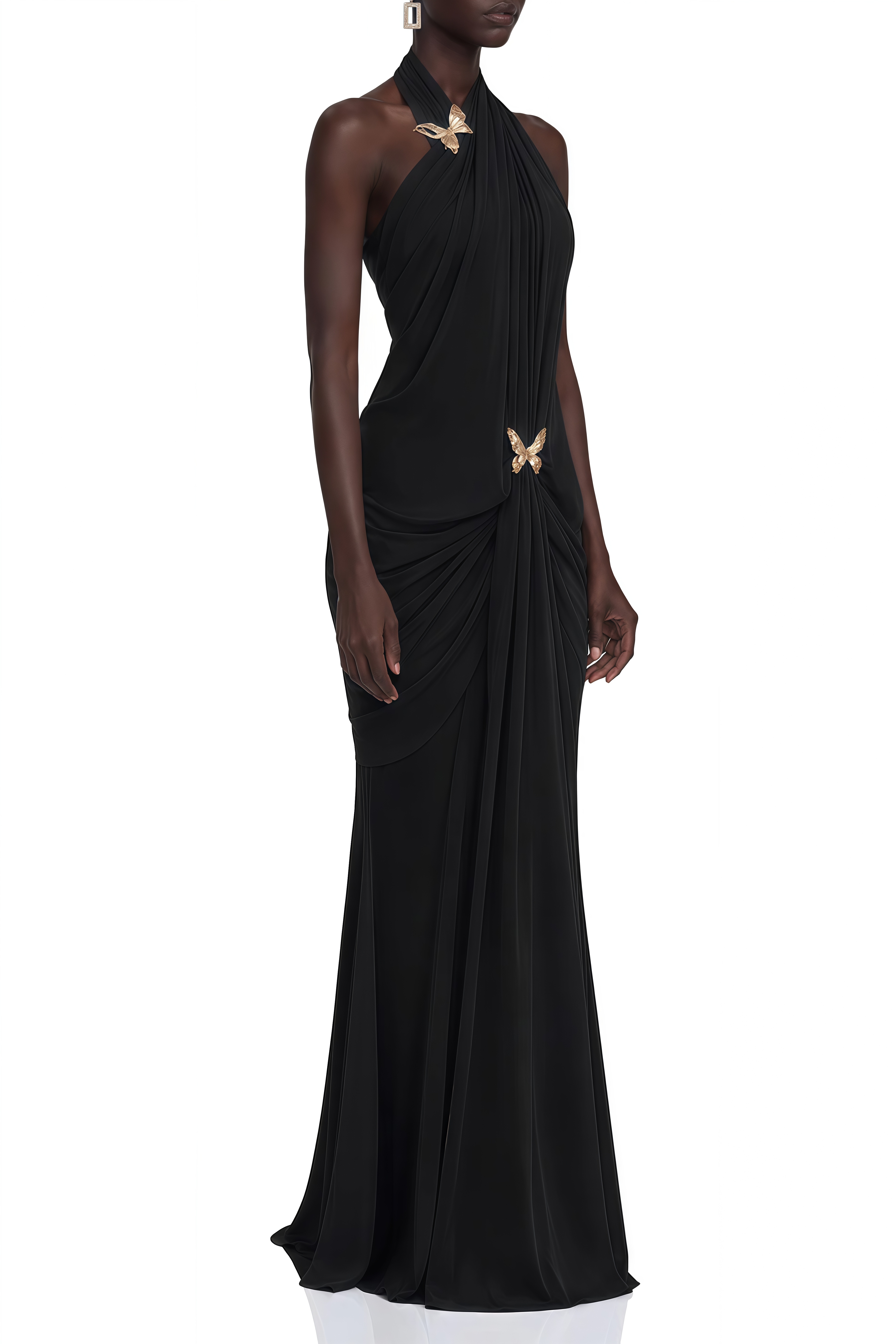 Lavinia Black Halterneck Ruched Maxi Dress