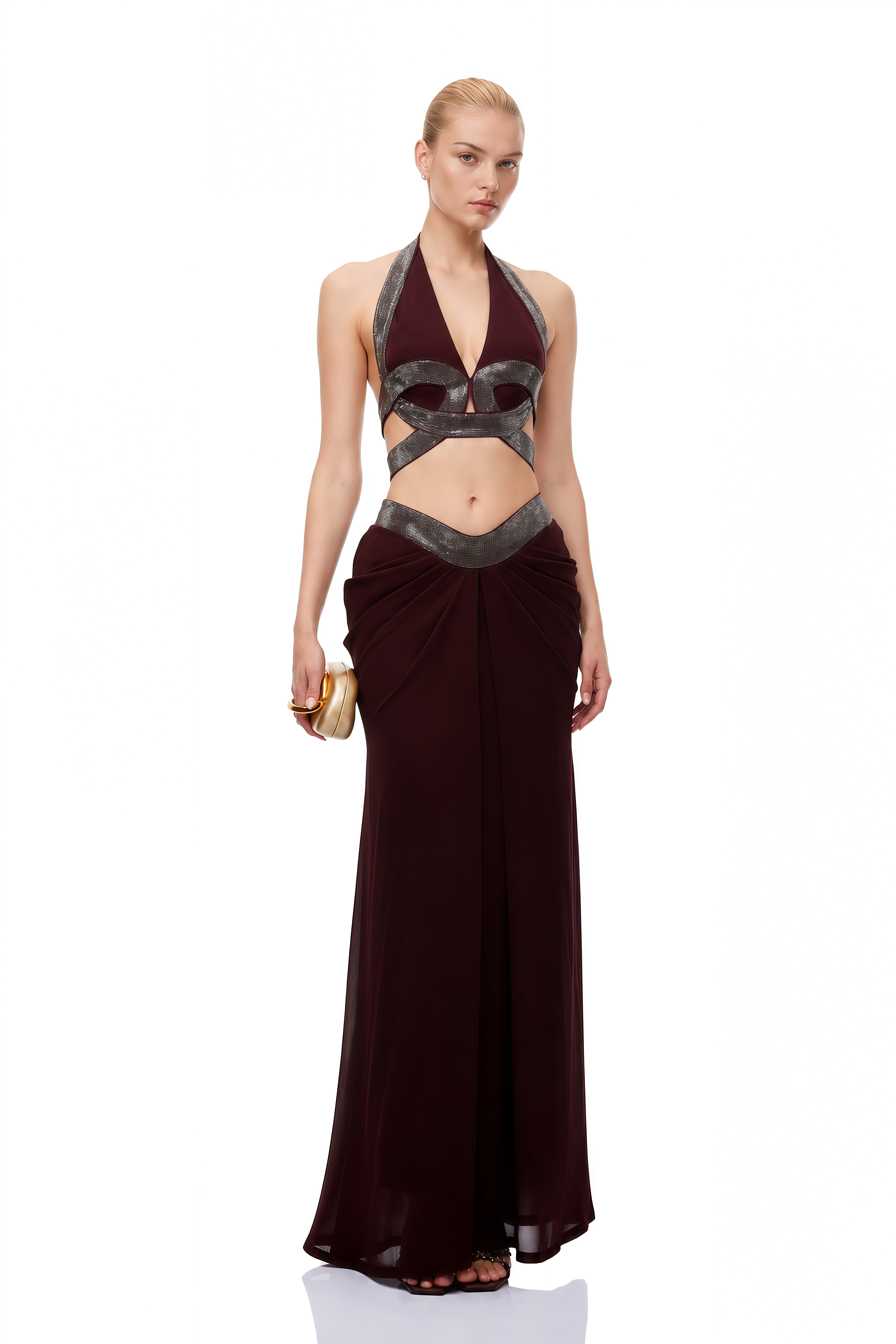 Althea Brown Halterneck Cut-Out Top & Skirt Set