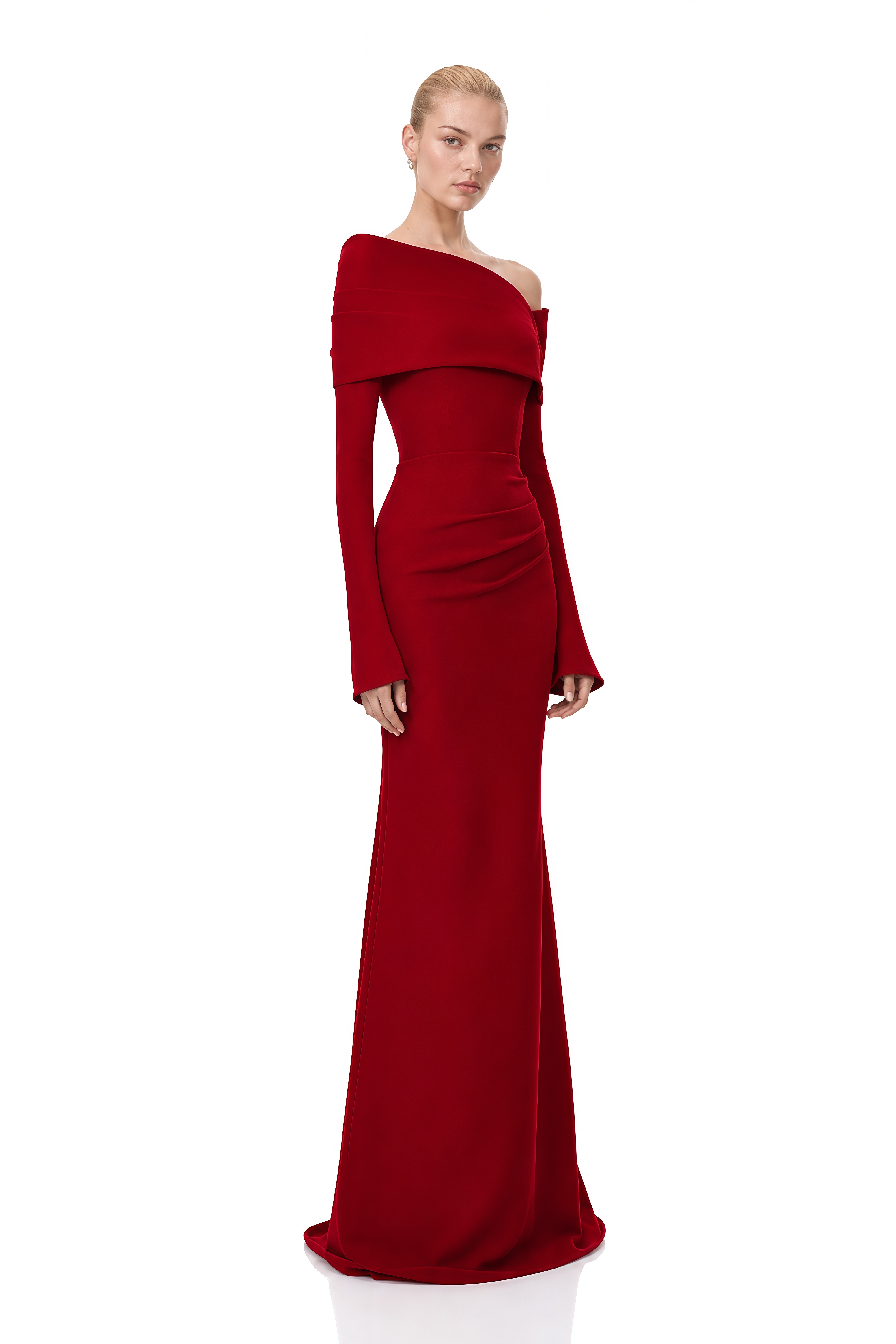 Viola Red Long Sleeves Asymmetrical Maxi Dress 
