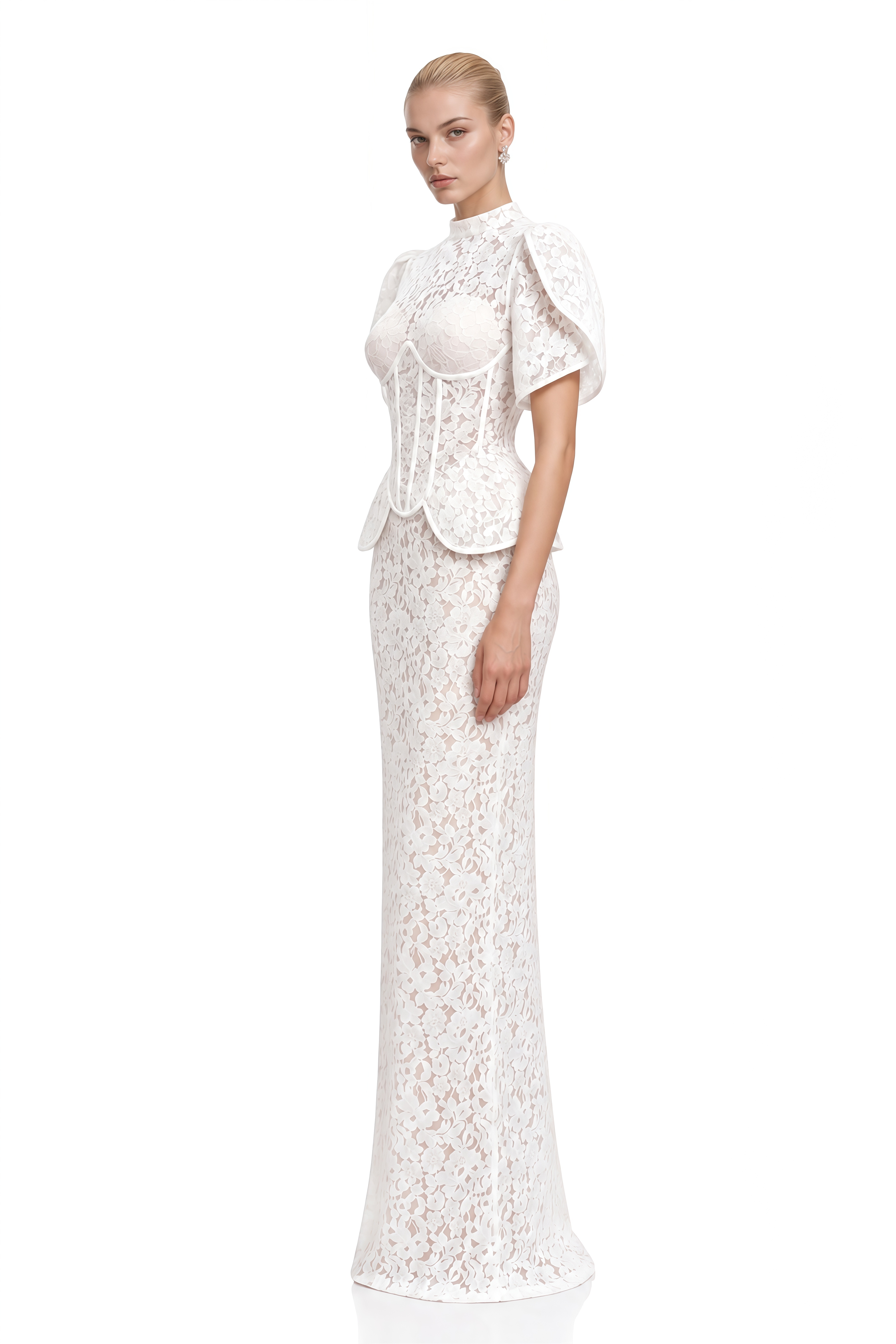 Daphne White Turtleneck Floral Lace Top & Skirt Set