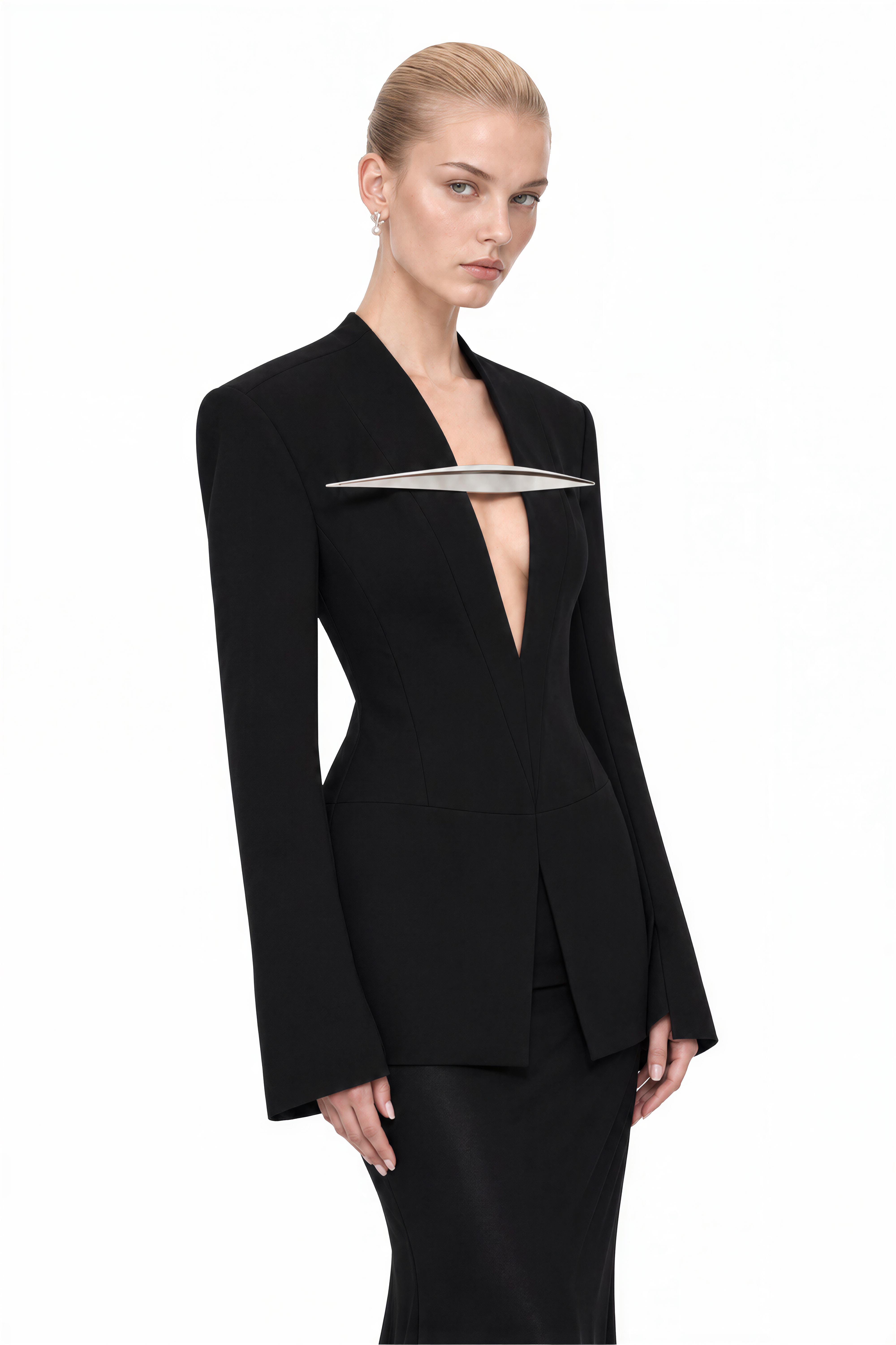 Elizabeth Black Long Sleeves V-Neck Top & Skirt Set