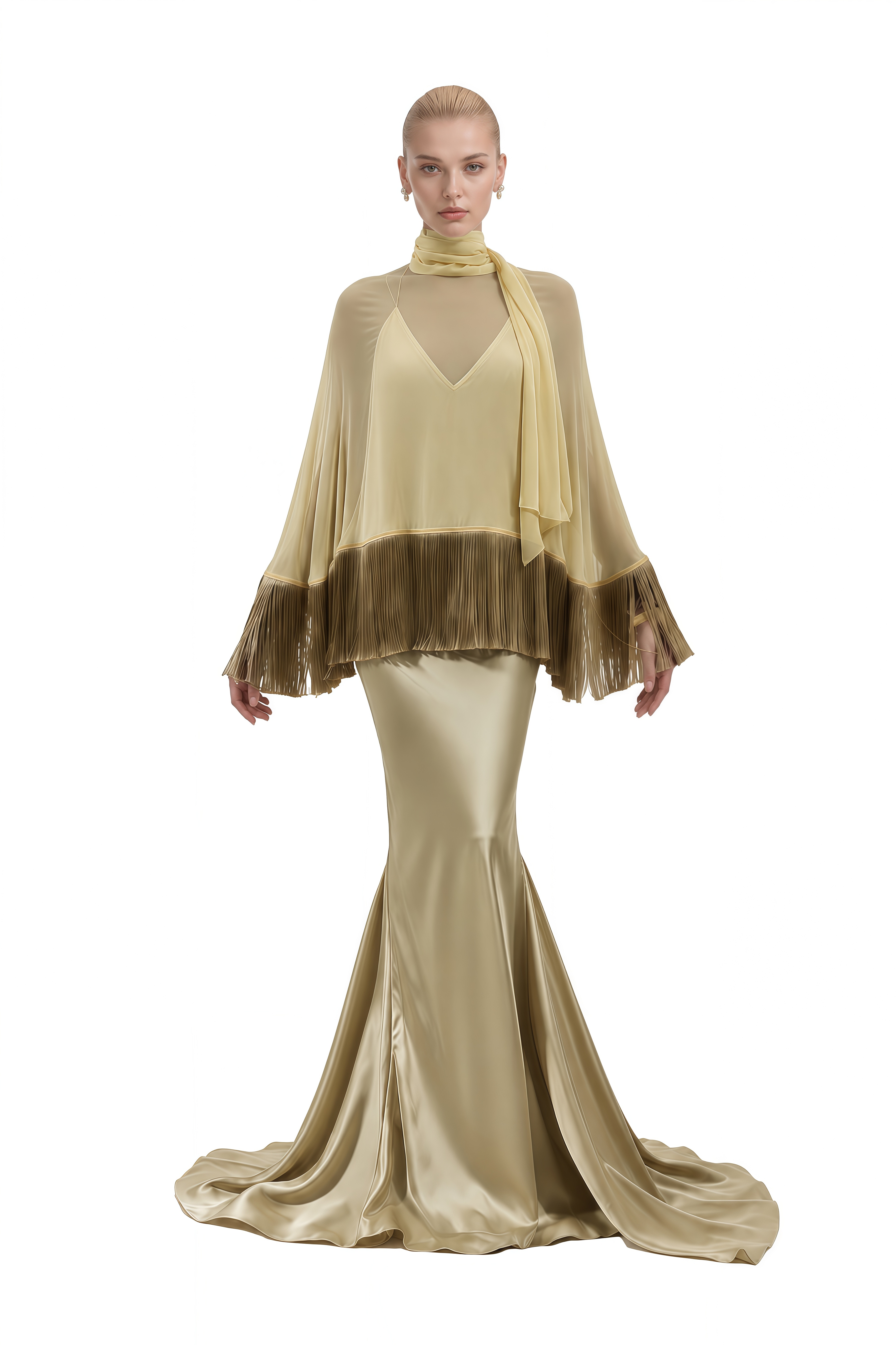 Alexandra Light Yellow Cape Fringe-Trim Top & Skirt Set