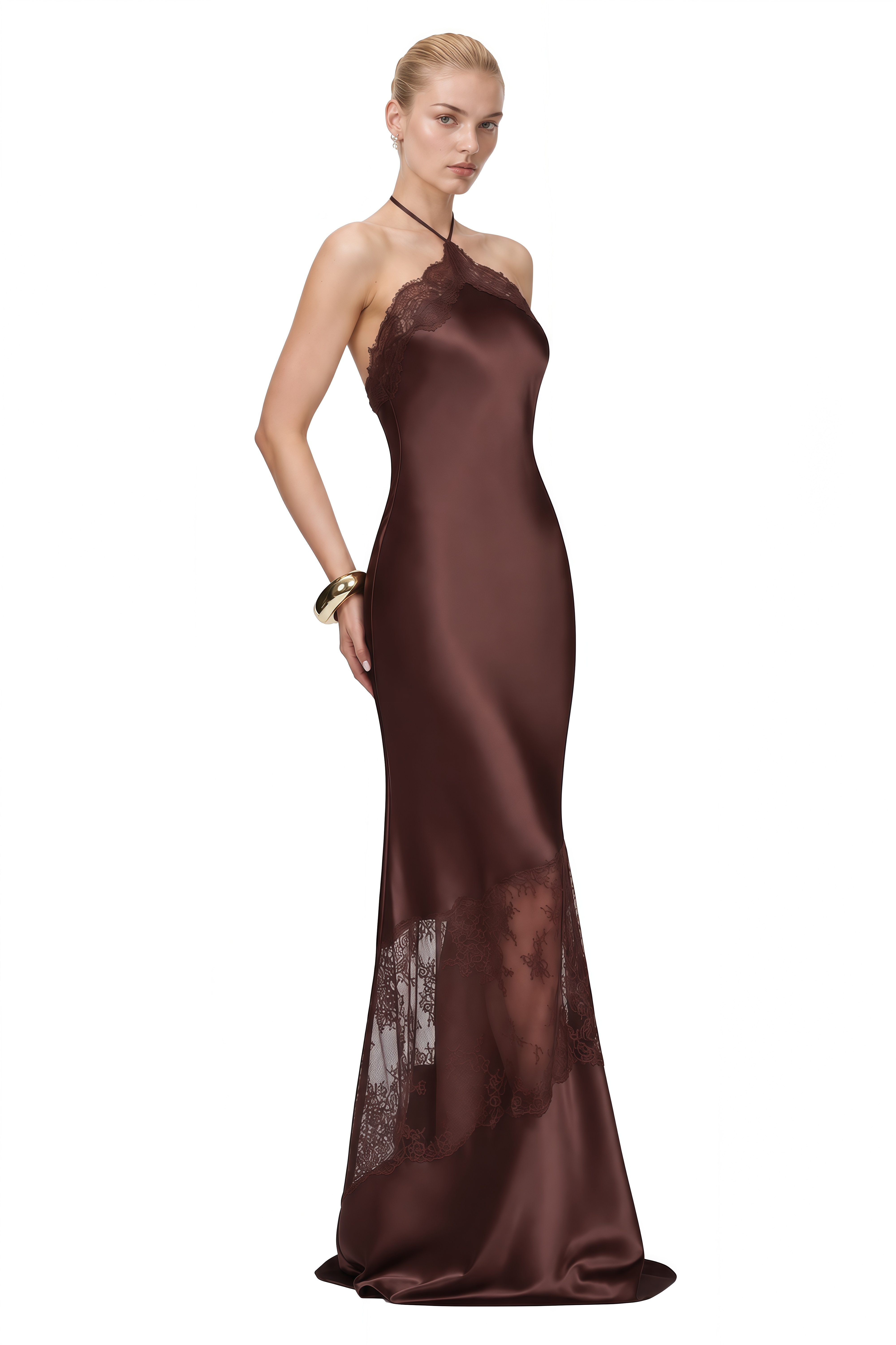 Sylvia Dark Brown Halterneck Lace Maxi Dress