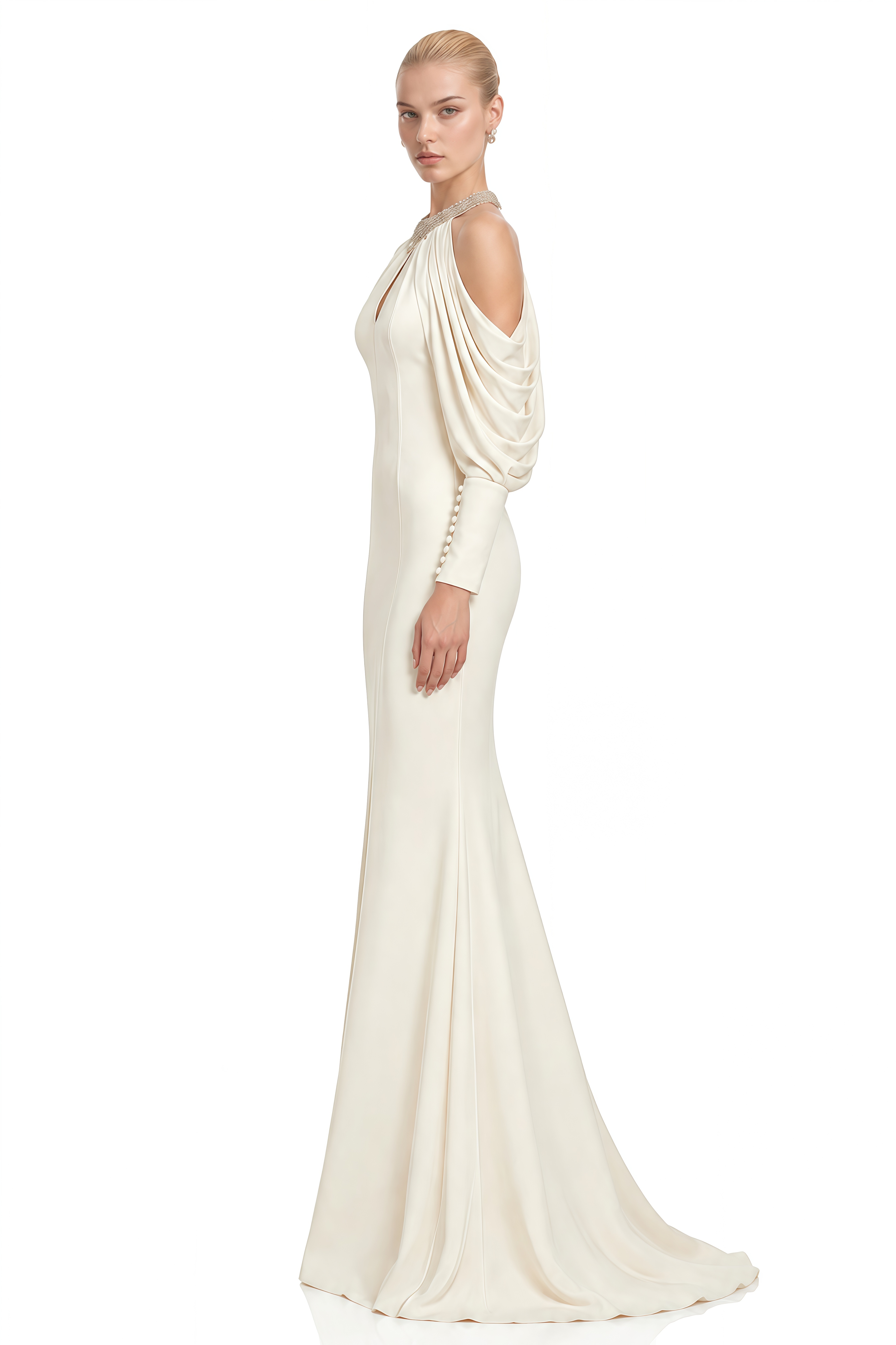 Rosalie Neutral Off Shoulder Embellished Maxi Dress