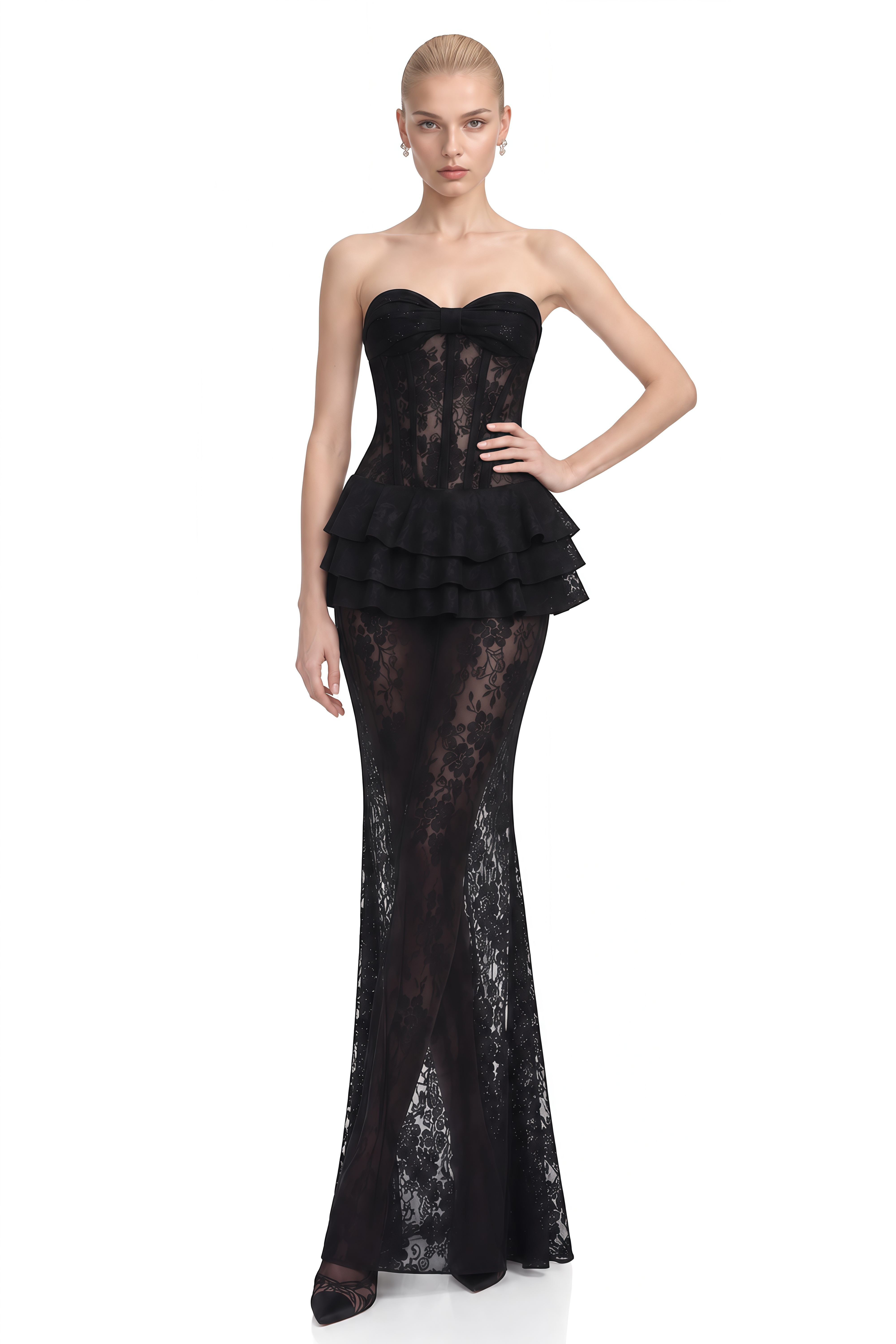 Amelia Black Strapless Floral Lace Maxi Dress