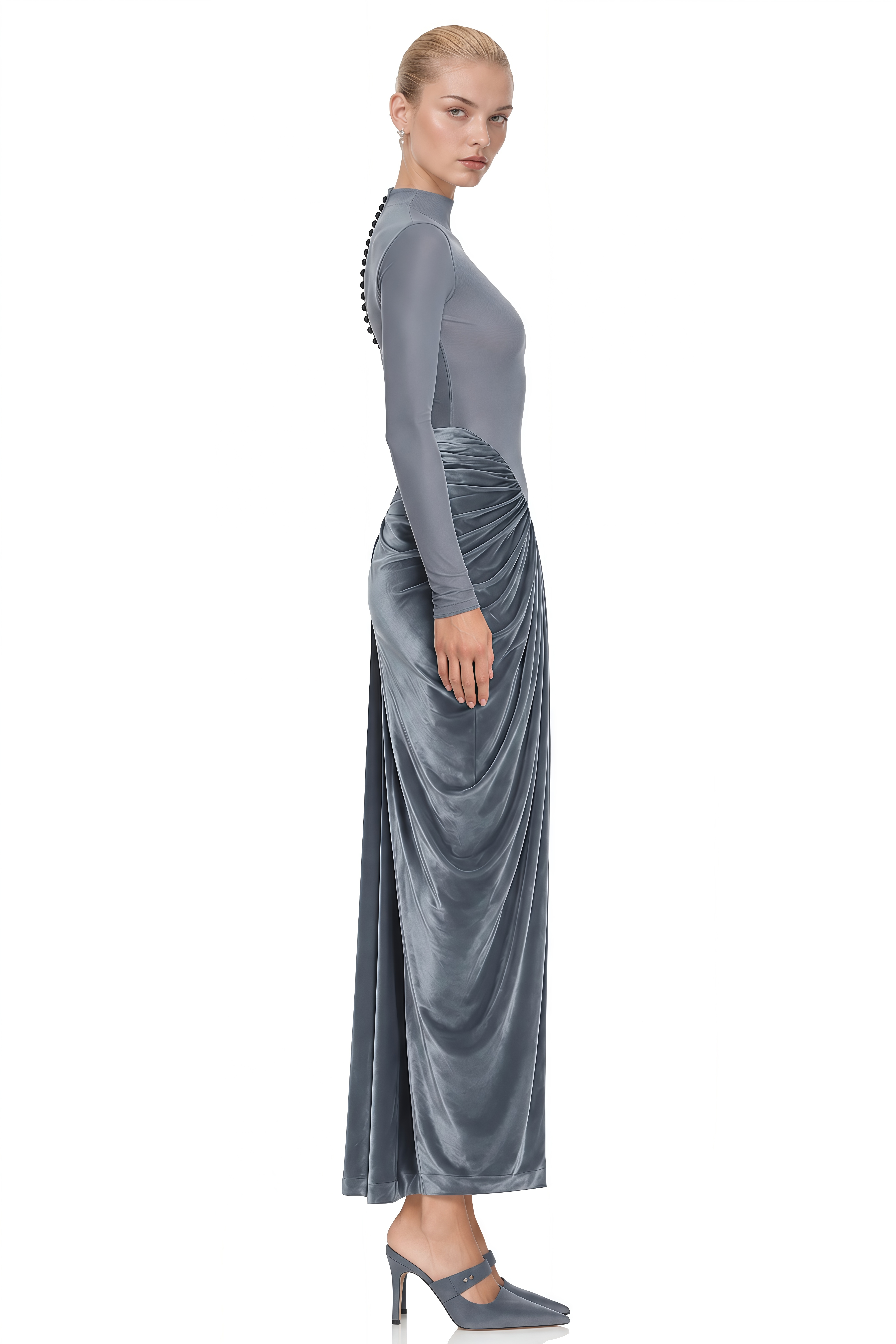 Theodora Grey Turtleneck Velvet Maxi Dress