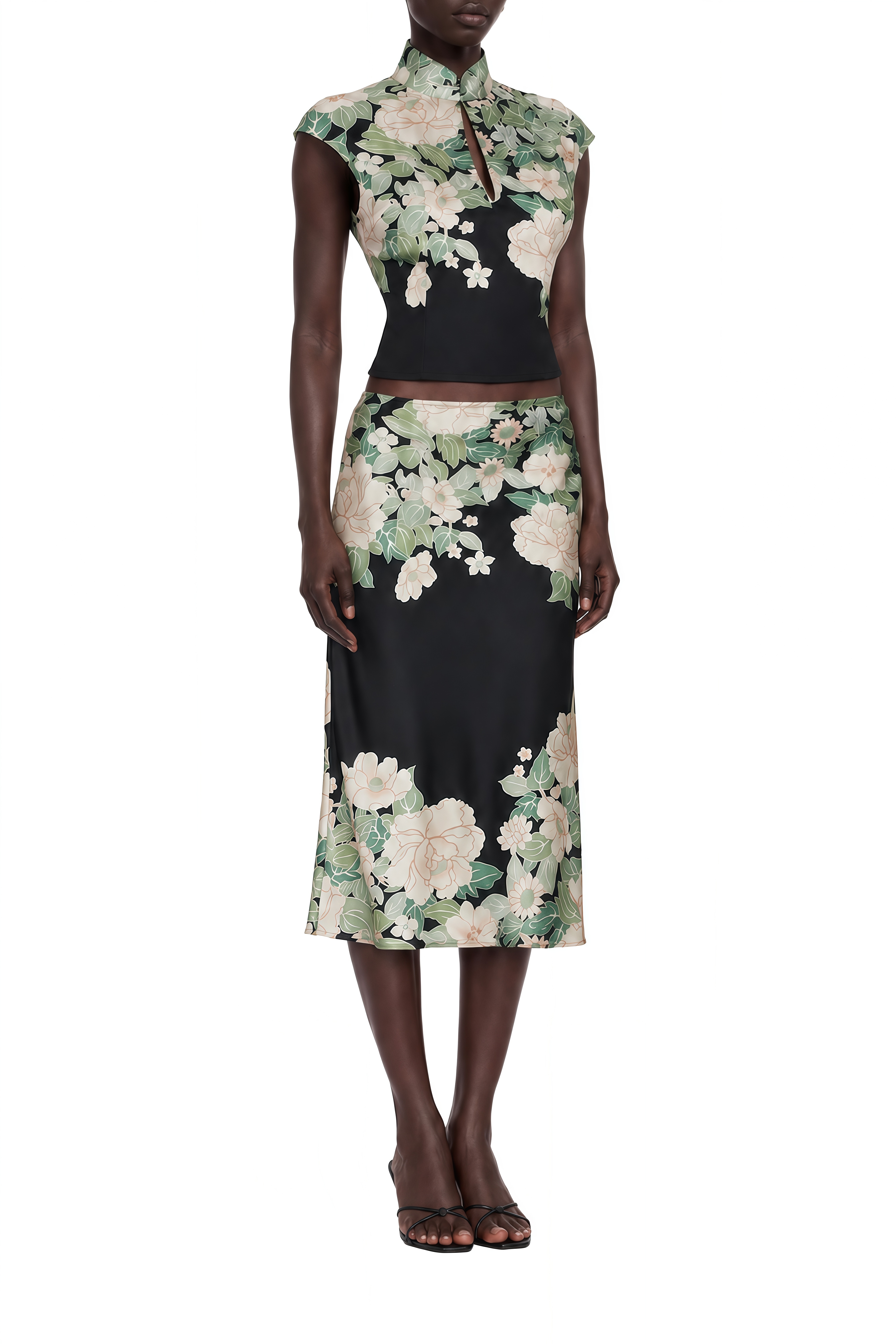 Rosalind Black Turtleneck Floral Print Top & Skirt Set