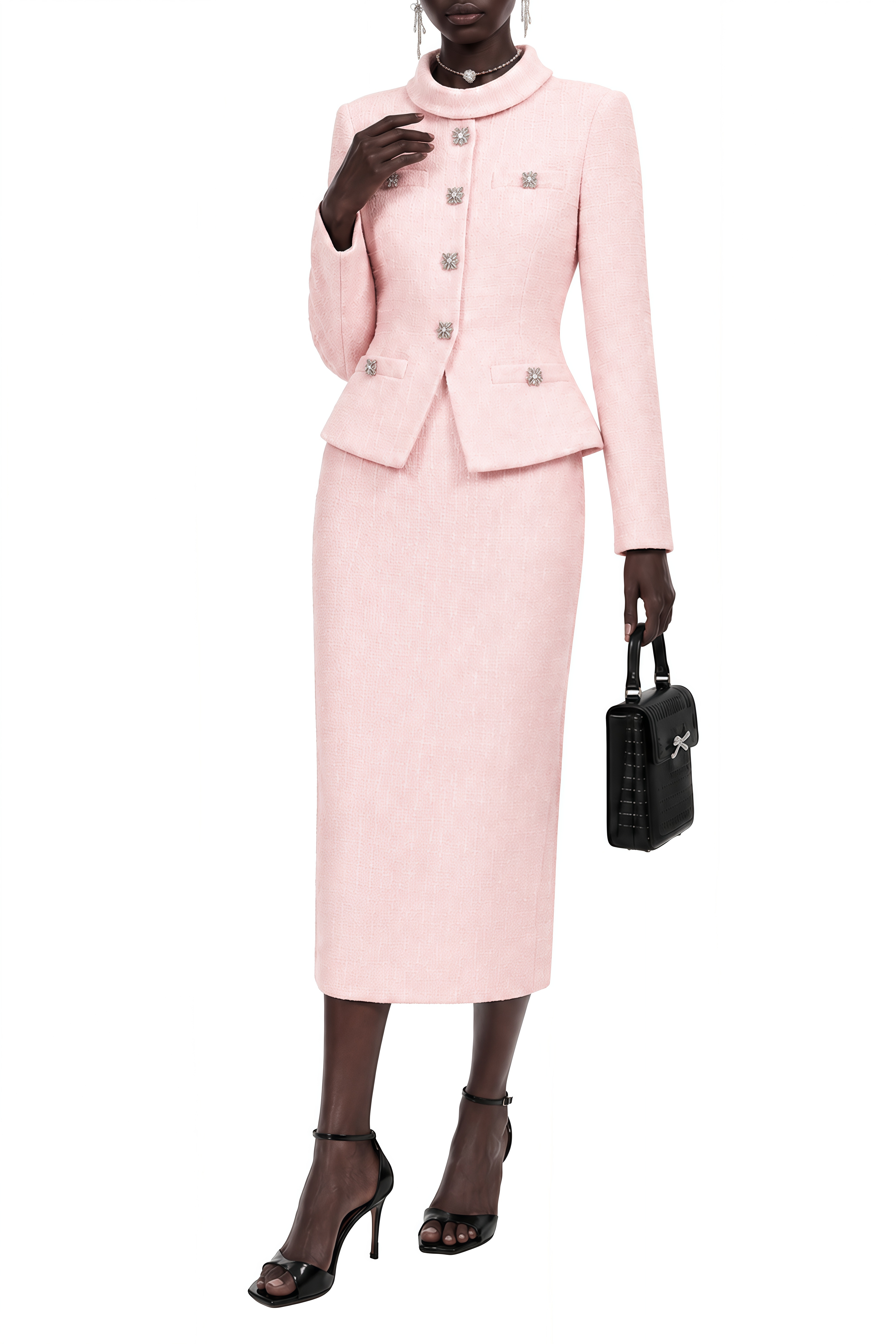 Miranda Pink Long Sleeves Tweed Jacket & Skirt Set