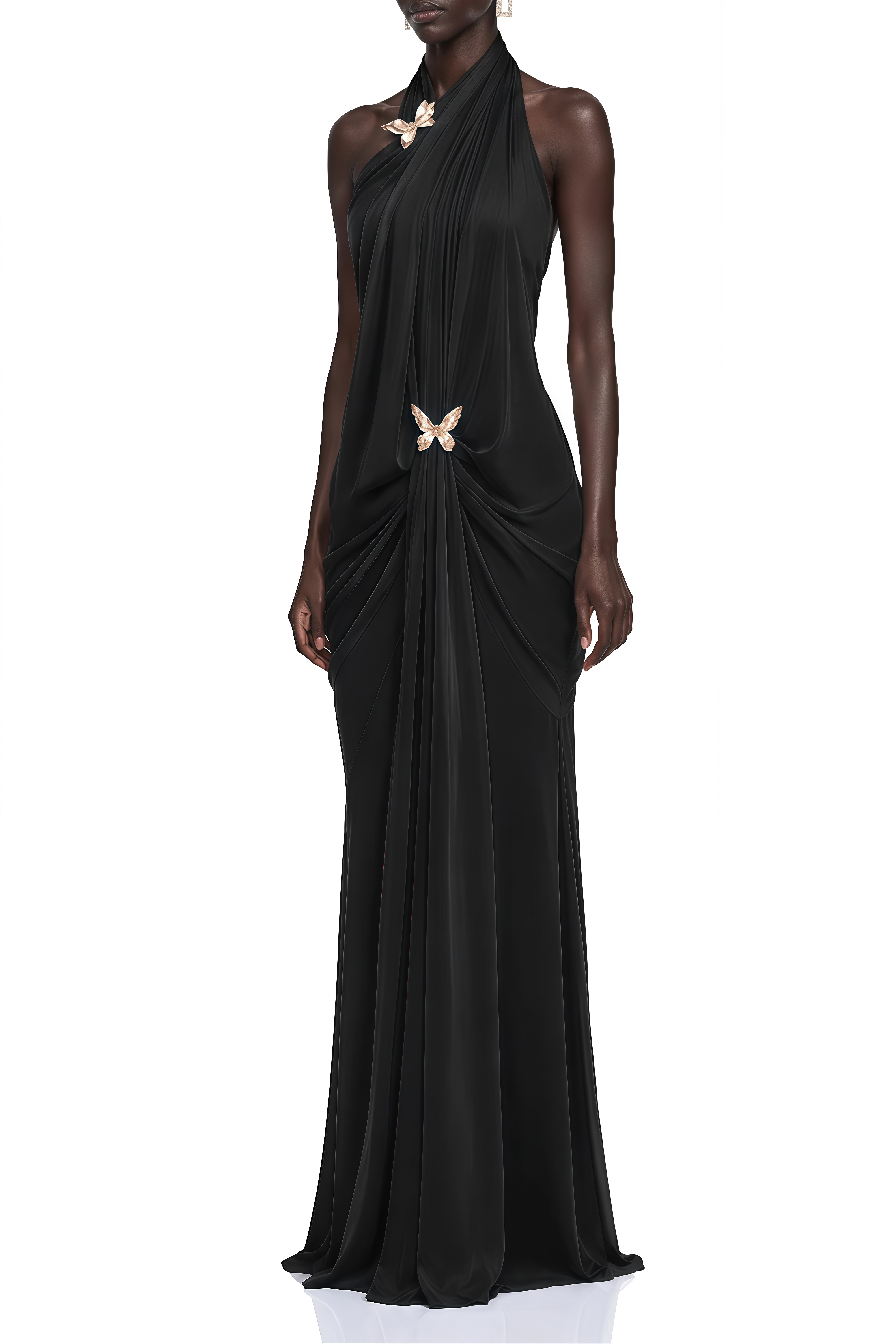 Lavinia Black Halterneck Ruched Maxi Dress